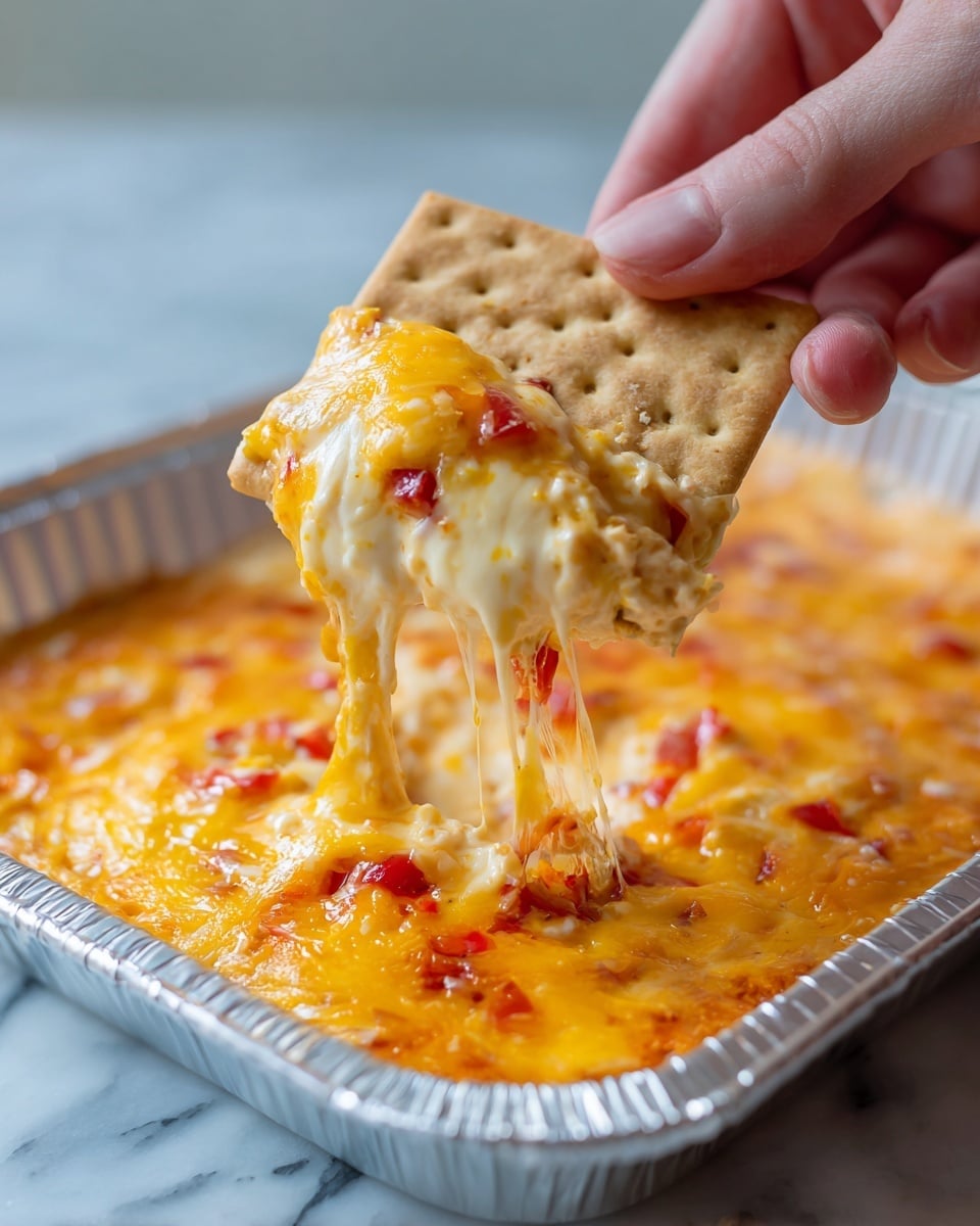 A close-up image shows a woman's hand holding a square graham cracker with a thick scoop of creamy, melted cheese dip on top. The dip is layered in a white foil tray on a white marbled surface, showing bright yellow melted cheese mixed with bits of red peppers or tomatoes, creating a vibrant texture. The cheese dip looks soft and smooth with some stringy melted cheese stretching down from the cracker. The graham cracker has a light brown color with a grid pattern. Photo taken with an iphone --ar 4:5 --v 7