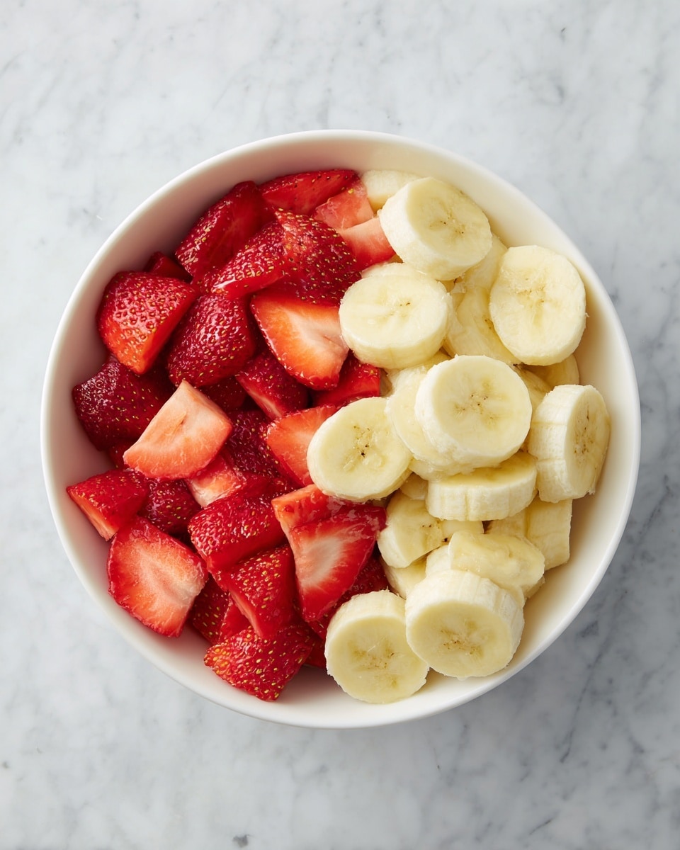 A white bowl filled with two main layers of fruit: bright red, juicy strawberry pieces on the left side and pale yellow banana slices on the right side. The strawberries are cut into halves and smaller chunks, showing a slightly shiny texture. The banana slices are round with a smooth, creamy look, stacked and overlapping in some areas. The bowl sits on a white marbled surface, creating a clean and fresh setting. photo taken with an iphone --ar 4:5 --v 7