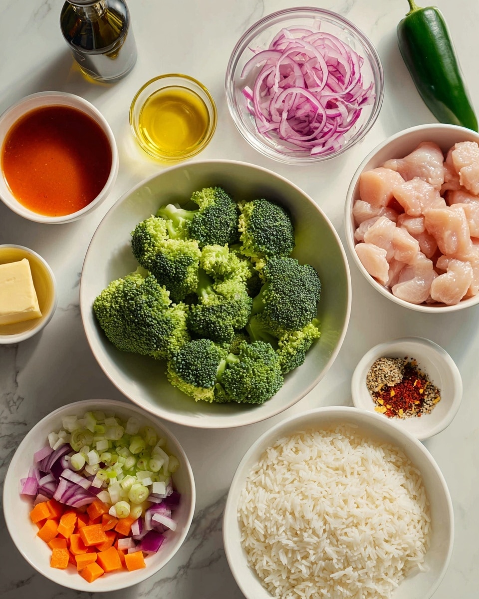 The image shows several white bowls and small dishes arranged on a white marbled surface. One large white bowl in the center holds fresh green broccoli florets with a firm texture. Below it, another white bowl is filled with fluffy white cooked rice. To the right of the broccoli, a medium white bowl contains raw, cubed chicken pieces in light pink color. Above the chicken, a small glass bowl holds bright orange-red buffalo sauce with a smooth surface. Next to it is a tiny dish with yellow butter and another small brown bowl with mixed seasonings in white and red tones. Above the broccoli, a small white bowl contains thinly sliced red onion rings with purple and white hues. On the left side, a white bowl is filled with colorful toppings including orange carrot sticks, green onion pieces, and white-blue cheese chunks. Nearby, a green jalapeno pepper and a dark green bottle of olive oil are placed on the marble surface. The setting is neat and bright with natural light. Photo taken with an iphone --ar 4:5 --v 7