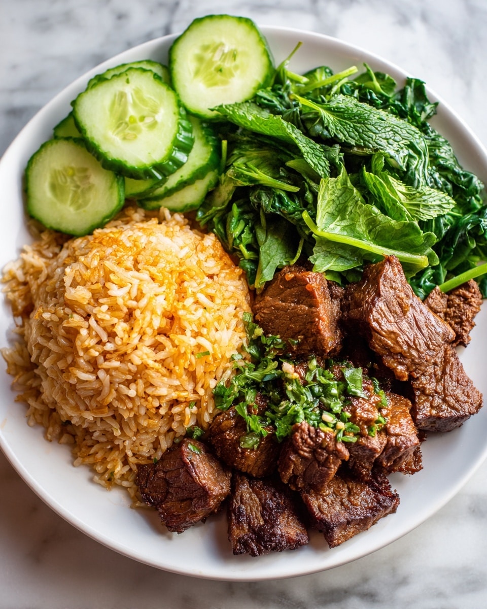 A round white plate is filled with a colorful meal made of four main parts. On the left side, there is a pile of golden-brown cooked rice with a slightly shiny texture from oil or sauce. Next to the rice are thick, browned pieces of cooked meat with a slightly crispy surface and sprinkled with green herbs. Above the meat, fresh green leafy vegetables with a smooth and slightly shiny texture fill one corner of the plate. In the top left section of the plate, several bright green slices of cucumber with a fresh and moist look are arranged. The plate sits on a white marbled surface. photo taken with an iphone --ar 4:5 --v 7