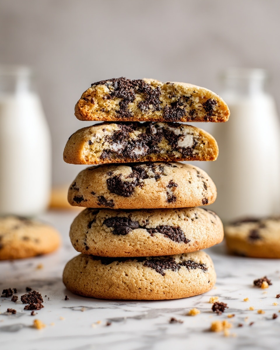 A stack of five cookies is shown on a white marbled surface, with the top cookie broken in half and placed slightly apart, revealing a soft, crumbly texture inside filled with small, dark chocolate cookie chunks. The cookies are light golden brown with visible pieces of dark cookie embedded throughout. In the background, there are blurred white milk bottles adding a soft contrast, and crumbs are scattered lightly around the stack photo taken with an iphone --ar 4:5 --v 7