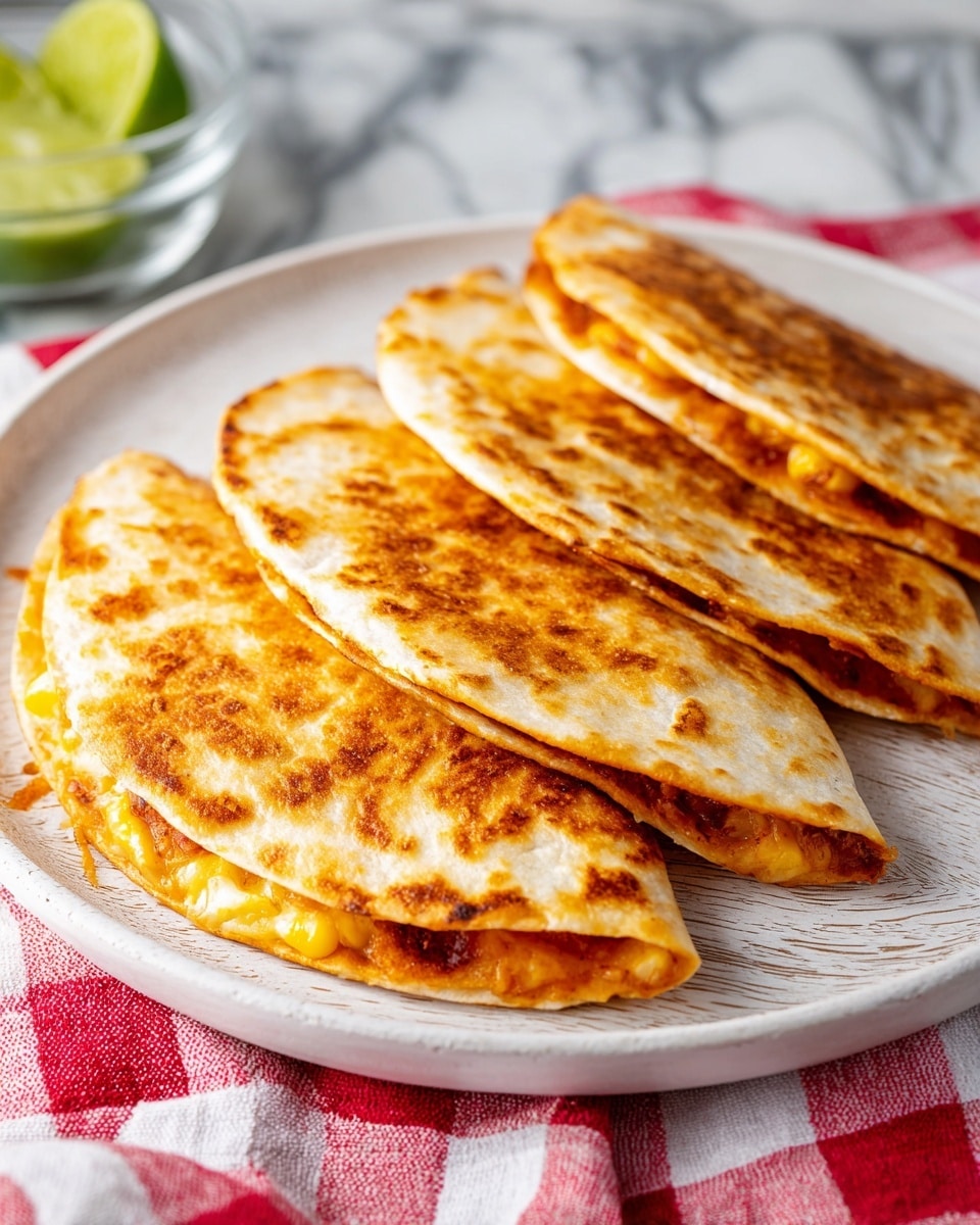 The image shows four folded quesadillas arranged in a row on a white plate with a wooden texture. Each quesadilla has a golden brown, crispy outer layer with some darker toasted spots. The edges reveal a filling with melted light-orange cheese and some small yellow corn pieces visible. The plate is placed on a table covered with a red and white checkered cloth. A small glass bowl with green lime wedges is partially visible on the left side. The background features a white marbled surface. photo taken with an iphone --ar 4:5 --v 7