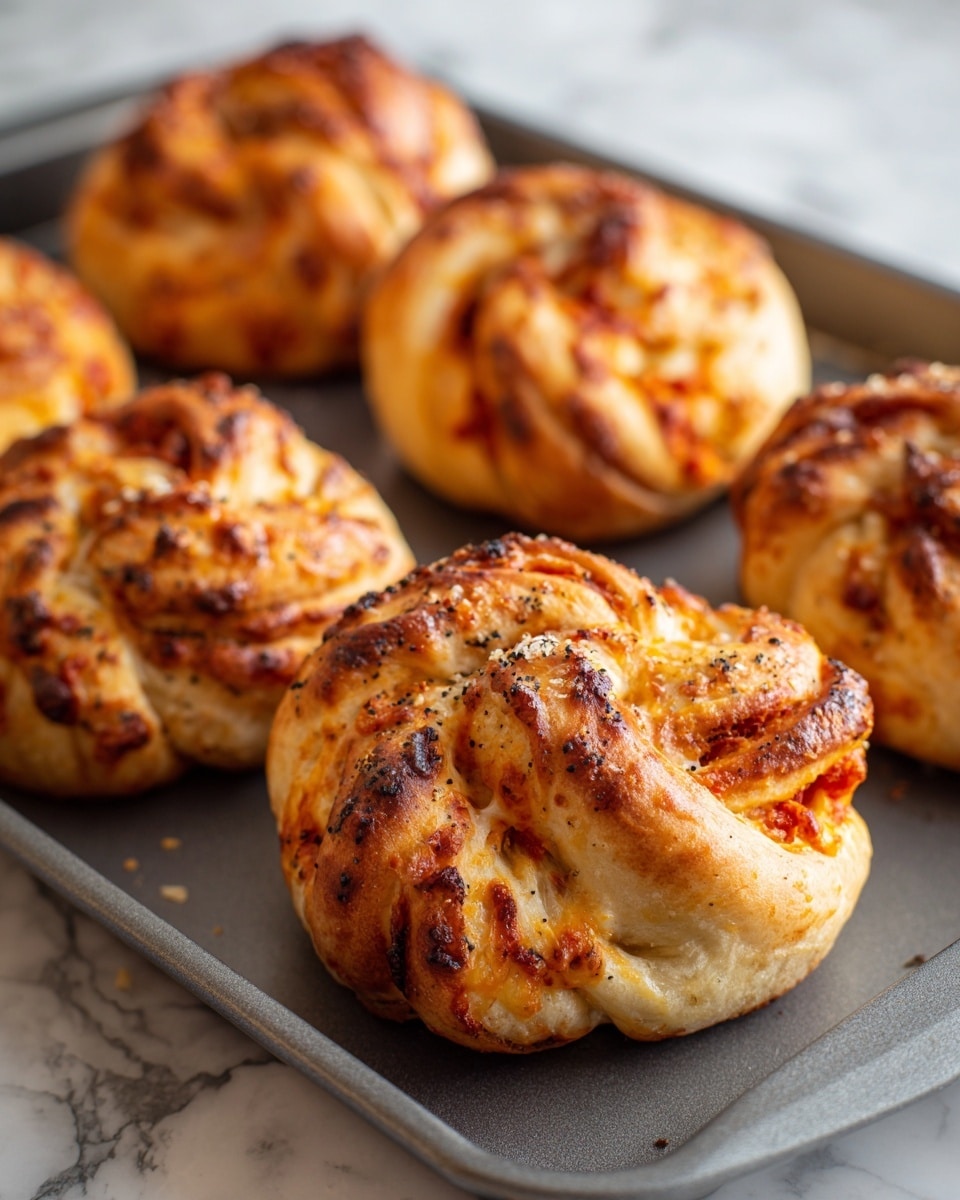 The image shows several round bread rolls twisted into knot shapes, placed on a gray baking tray. Each roll has a golden-brown crust with darker browned spots and visible black pepper seasoning on top. The dough layers are thick and swirled, showing hints of melted orange cheese and red tomato sauce inside the twists. The surface looks crispy and slightly oily with some browned cheese spots melted onto the tray. The background is a white marbled texture. photo taken with an iphone --ar 4:5 --v 7