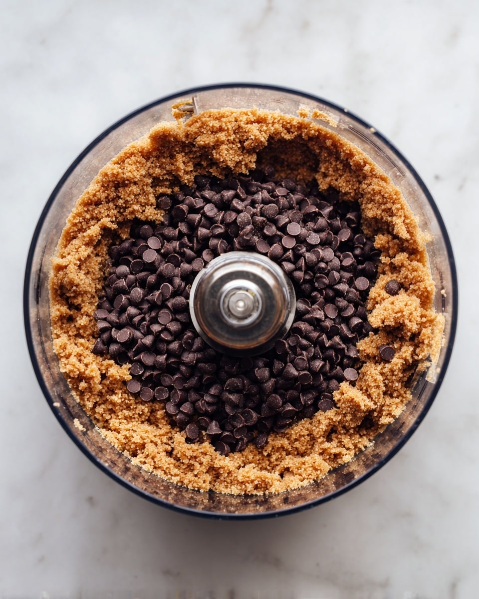 The image shows a clear food processor bowl placed on a white marbled surface. Inside the bowl, there are two main layers: a thick, crumbly brown sugar mixture that lines the bottom and sides in uneven clumps, and a central mound of small, dark brown chocolate chips piled on top of the sugar mixture. The food processor's metal central spindle is visible in the middle, surrounded by these ingredients. The lighting highlights the texture of both the crumbly sugar mixture and the smooth chocolate chips, creating a high contrast between the dark and light browns. photo taken with an iphone --ar 4:5 --v 7