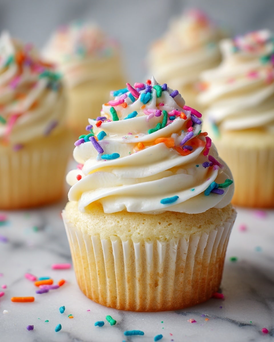 The image shows a close-up of a vanilla cupcake with one layer of light yellow cake topped by a thick swirl of creamy white frosting that has a soft, whipped texture. The frosting is decorated with colorful long sprinkles in shades of blue, pink, orange, green, and purple. The cupcake wrapper is white and ribbed. Around the main cupcake, there are other similar cupcakes blurred in the background on a white marbled surface, with scattered sprinkles adding small colorful details. photo taken with an iphone --ar 4:5 --v 7