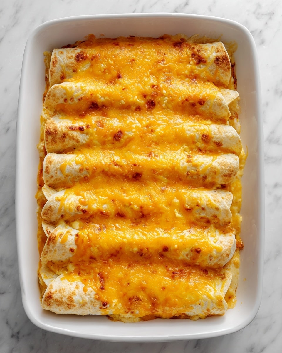 The image shows six rolled tortillas in a white baking dish, covered with a thick layer of melted orange-yellow cheese. The tortillas are tightly placed side by side, and the cheese blankets the entire surface, with some spots showing light browning and texture from the melted cheese. The dish sits on a white marbled surface, highlighting the rich, cheesy topping on the soft tortillas. photo taken with an iphone --ar 4:5 --v 7