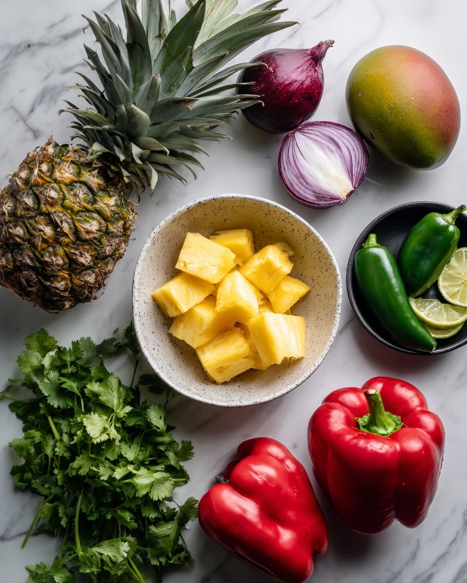 A top-down view of fresh ingredients arranged on a white marbled surface, featuring a speckled white bowl filled with bright yellow pineapple chunks in the center, surrounded by a whole pineapple with green spiky leaves at the top left, a whole mango with green and orange skin below it, and a halved red onion with purple and white rings just beside the mango. Below the red onion, two whole red bell peppers with shiny, smooth skin are placed, one slightly open to show the white inner core. To the right, a small white speckled bowl contains lime wedges with light green skin. Above this bowl, fresh green cilantro leaves spread across the surface, next to a small black bowl holding two green serrano chilies, one cut open showing white seeds inside. The image is bright and colorful, with fresh textures and natural lighting, photo taken with an iphone --ar 4:5 --v 7