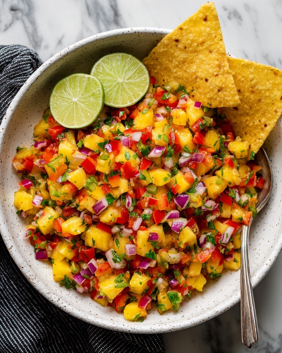 A white speckled bowl filled with a colorful salsa made of finely chopped yellow pineapple, red bell peppers, green jalapeños, red onions, and small bits of green cilantro mixed throughout. Two lime wedges with light green skin and pale flesh sit on the left side of the bowl. Two large yellow tortilla chips stand upright on the right side. A silver spoon rests inside the bowl, the edge visible among the salsa. The bowl is placed on a white marbled surface with a dark striped cloth partially under it. photo taken with an iphone --ar 4:5 --v 7