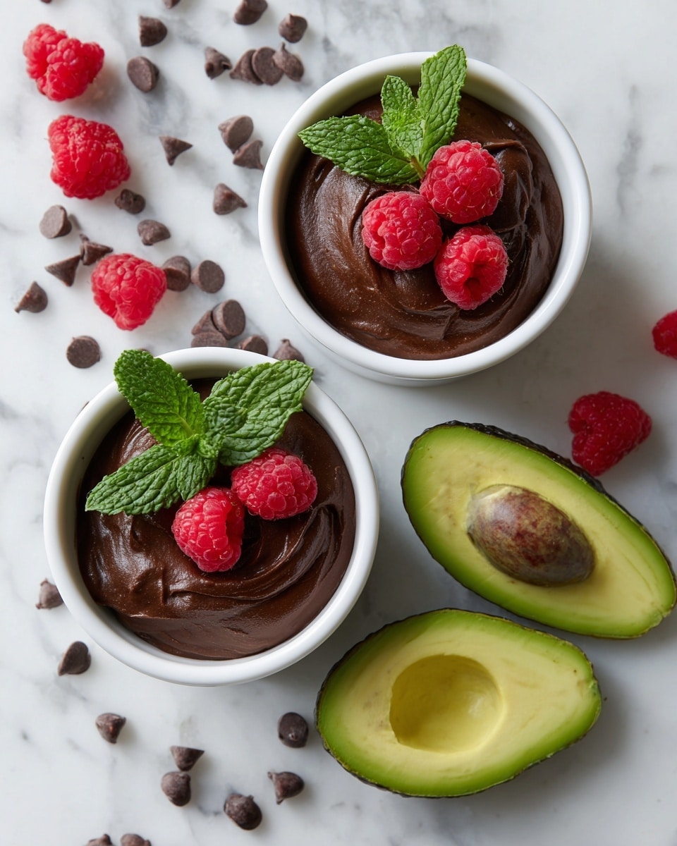 Two white bowls sit on a white marbled surface, each filled with a smooth, thick dark brown chocolate mousse. On top of each mousse is a bright red raspberry and a small bunch of fresh green mint leaves. Around the bowls are scattered small dark brown chocolate chips and several round red raspberries. To the right side of the image are two halves of a fresh avocado, showing the light green flesh and textured darker green skin, one with a large seed in the middle. The whole scene looks fresh and colorful with natural light. photo taken with an iphone --ar 4:5 --v 7
