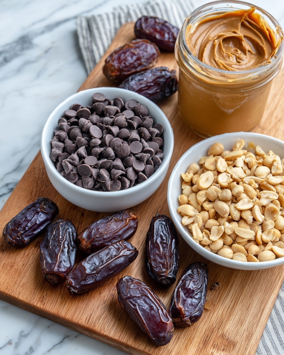 A white bowl filled with small dark brown chocolate chips is placed on a wooden cutting board. Next to the bowl is a glass jar of smooth light brown peanut butter. Below the jar and bowl, there are many shiny, dark brown dates scattered across the cutting board. At the bottom right corner of the board, a white bowl is filled with light brown chopped peanuts. The background shows a white marbled surface. photo taken with an iphone --ar 4:5 --v 7