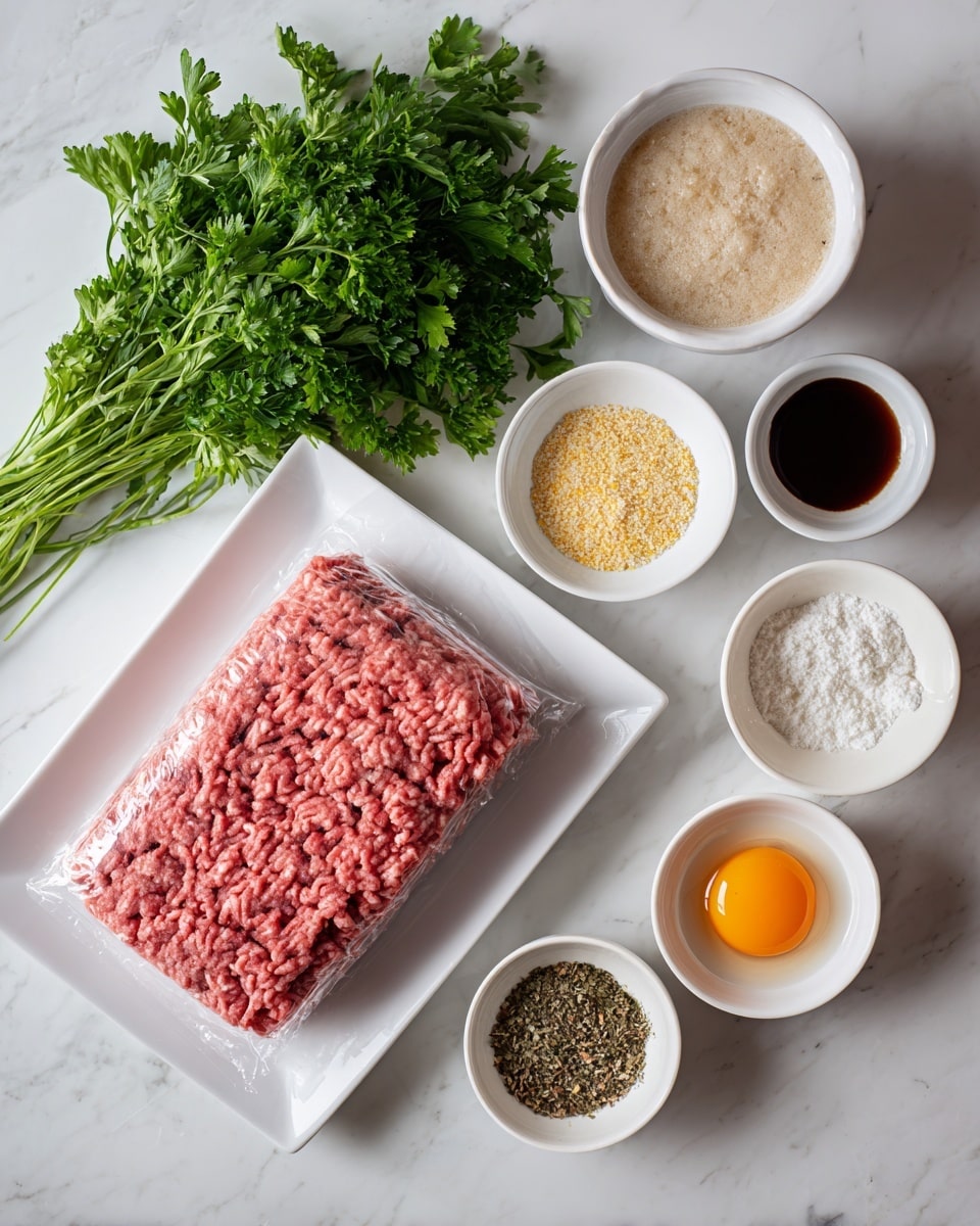 A white plate holds a pack of bright pink ground beef wrapped in plastic on the right side. Behind the plate, there is a large bunch of fresh green parsley. In front of the plate and parsley, seven small white bowls are arranged, each containing a different ingredient: a white bowl with a beige dry gravy mix, a white bowl with a light brown onion soup mix, a white bowl with yellow bread crumbs, a white bowl with a pale creamy mushroom soup that has bits of mushrooms, a white bowl with dark Worcestershire sauce, a white bowl with a sunny brown egg, and a white bowl with coarse black and yellow Montreal steak seasoning. All items rest on a white marbled textured surface. photo taken with an iphone --ar 4:5 --v 7