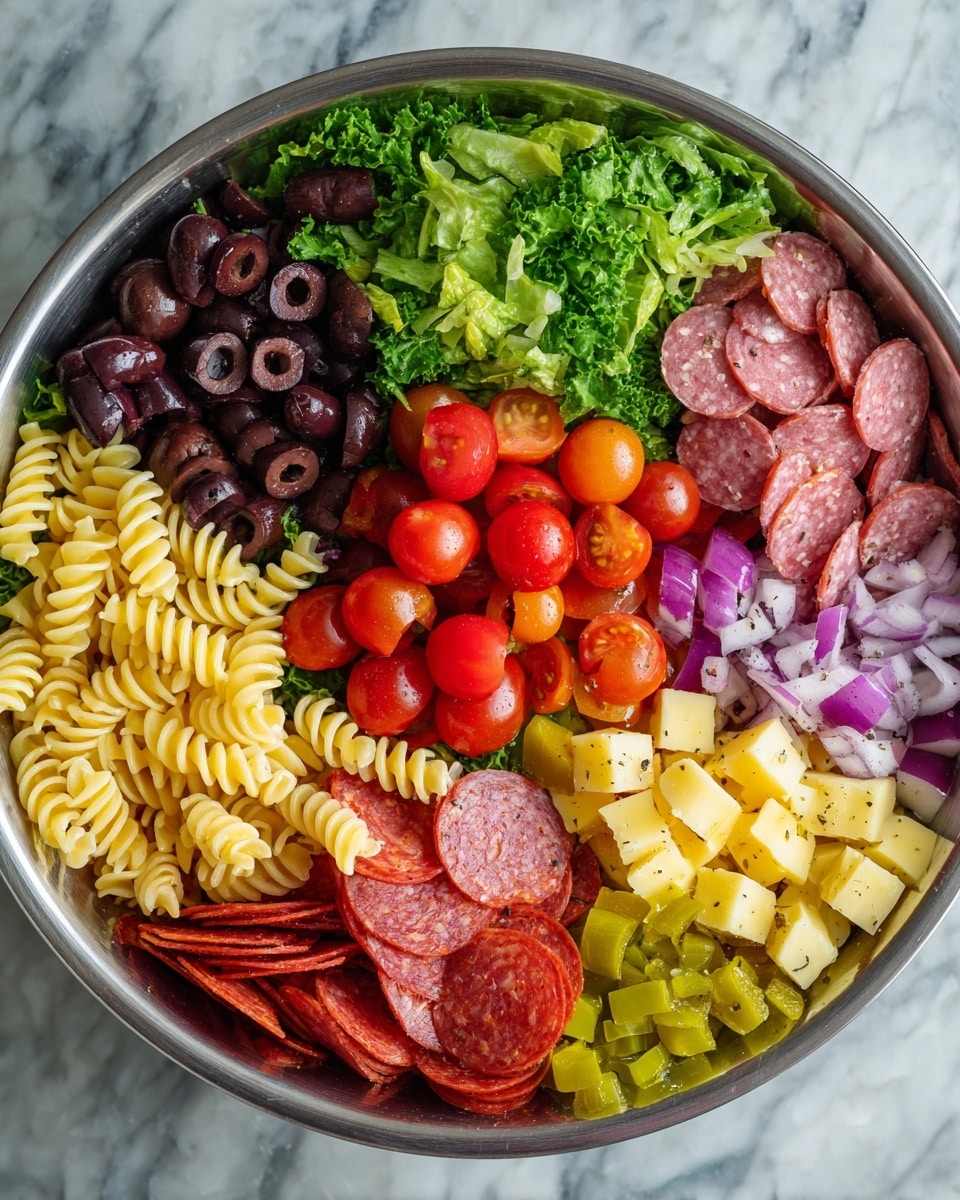 A large silver bowl holds a colorful Italian pasta salad with eight visible layers arranged in sections. Starting from the top left, there are whole black olives with a shiny, smooth texture, next to bright green curly lettuce leaves. To the right are halved bright red cherry tomatoes with a shiny wet look. On the far right side, small cubes of pale yellow cheese fill a section. Below the cheese, thin slices of pinkish-red salami with visible black peppercorns are arranged. Next to the salami, long strips of lighter red pepperoni are piled. Below the pepperoni, chopped yellow-green pepperoncini peppers show a slightly wrinkled texture. To the left of the peppers, small bits of light purple diced onion complete the circle. Near the center, pale yellow spiral rotini pasta is spread, connecting the colors. The bowl sits on a white marbled surface. photo taken with an iphone --ar 4:5 --v 7