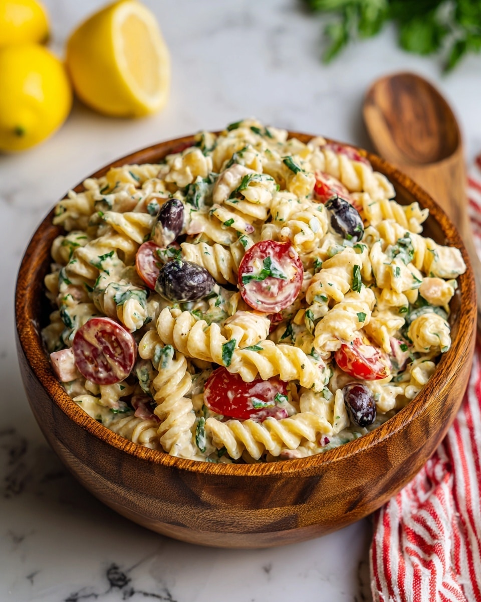 A wooden bowl filled with creamy pasta salad sits on a white marbled surface. The salad has three main layers: the bottom layer is light tan spiral-shaped pasta, the middle layer includes small pieces of pale green lettuce, white cheese cubes, and pink strips of deli meat, and the top layer shows black olive halves and bright red cherry tomato halves mixed with creamy white dressing. Nearby, there are three yellow peppers and a green spoon on a red and white striped cloth. Photo taken with an iphone --ar 4:5 --v 7