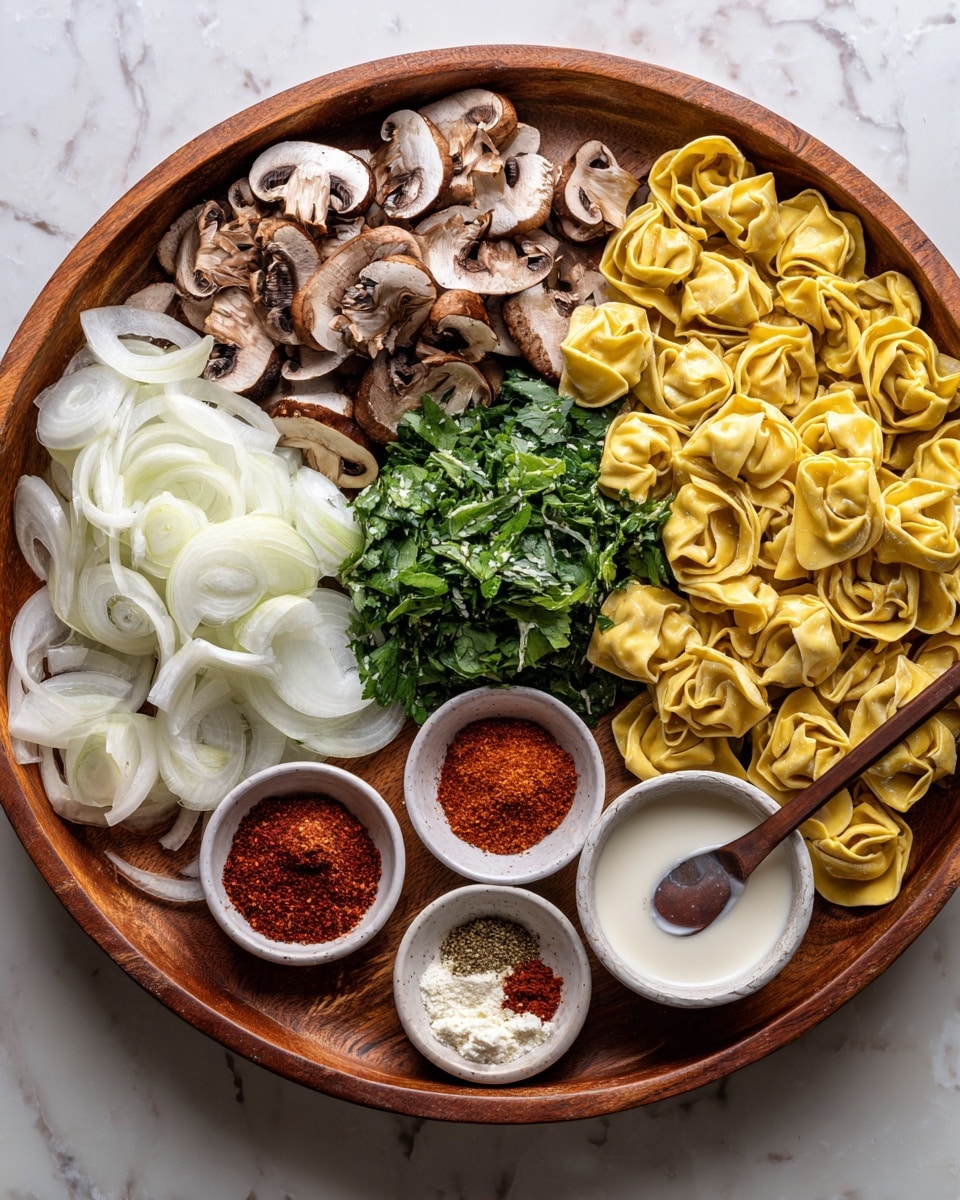 A round wooden tray holds several ingredients neatly arranged in sections on a white marbled surface. Starting from the left, there are thin slices of brown mushrooms with white insides, next to them a layer of sliced white onions with a soft translucent look. Below the onions is a pile of finely chopped green leafy herbs. To the right, a large section is filled with yellow and green tortellini pasta, each piece showing folded and pinched edges with a smooth texture. On the lower right side of the tray, four small white bowls contain different ingredients: a reddish tomato paste, a creamy white powder, white milk, and a mix of red and green powdered spices in a small spoon-shaped bowl. The mix of colors and textures is bright and fresh. Photo taken with an iphone --ar 4:5 --v 7