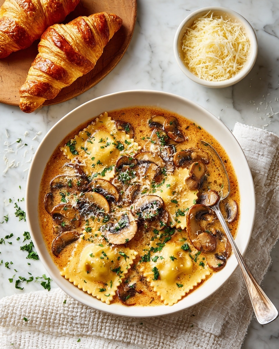 A white bowl filled with three layers of ravioli pasta in a creamy orange-brown sauce with sliced brown mushrooms and sprinkled green herbs on top. A silver spoon rests inside the bowl on the right side. Behind the bowl, a small white bowl contains grated pale yellow cheese. To the left, two golden croissants sit on a wooden coaster. The entire setting is on a white marbled surface with bits of herbs scattered around and a white textured cloth under the bowl. Photo taken with an iphone --ar 4:5 --v 7