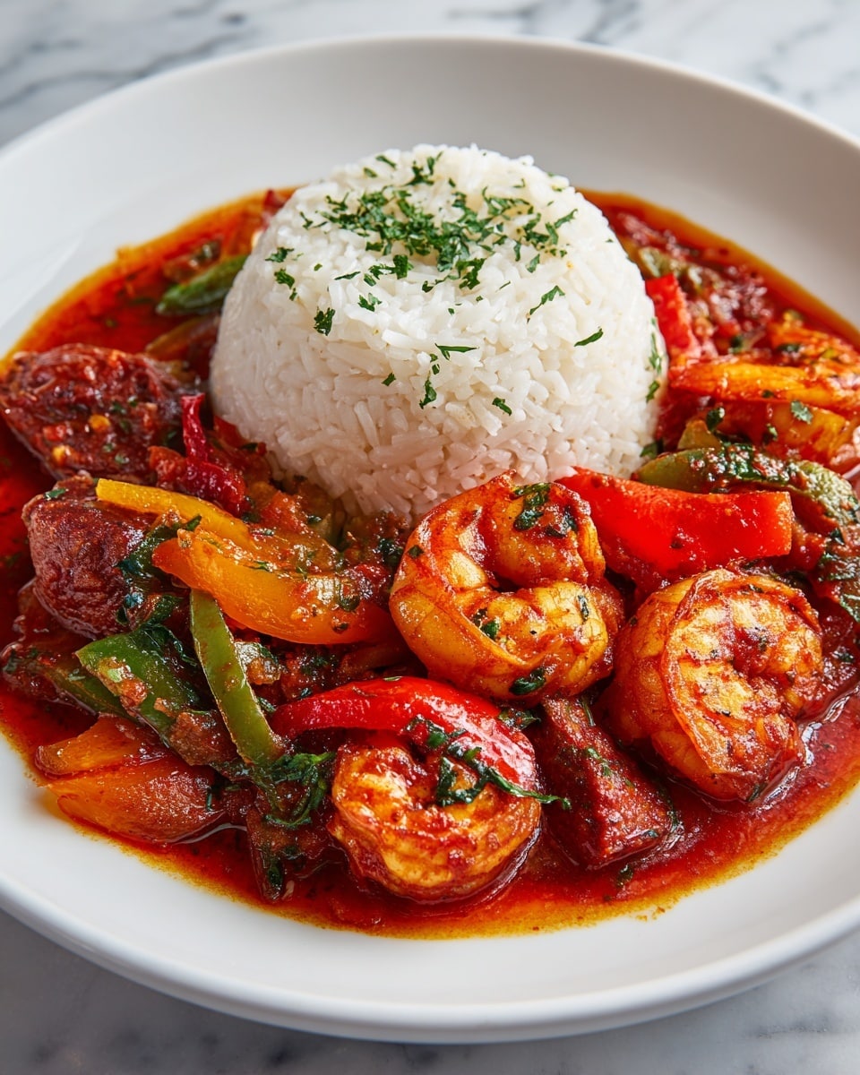 A white plate holds a mound of white rice shaped like a small dome on the top left side. Surrounding the rice is a rich tomato-based stew with chunks of browned meat and shrimp, mixed with slices of green and red bell peppers and vegetables. The stew has a thick, glossy red sauce with visible herbs and spices. The shrimp are orange with curled tails, and the vegetables add pops of green and red throughout. The plate sits on a white marbled surface. photo taken with an iphone --ar 4:5 --v 7