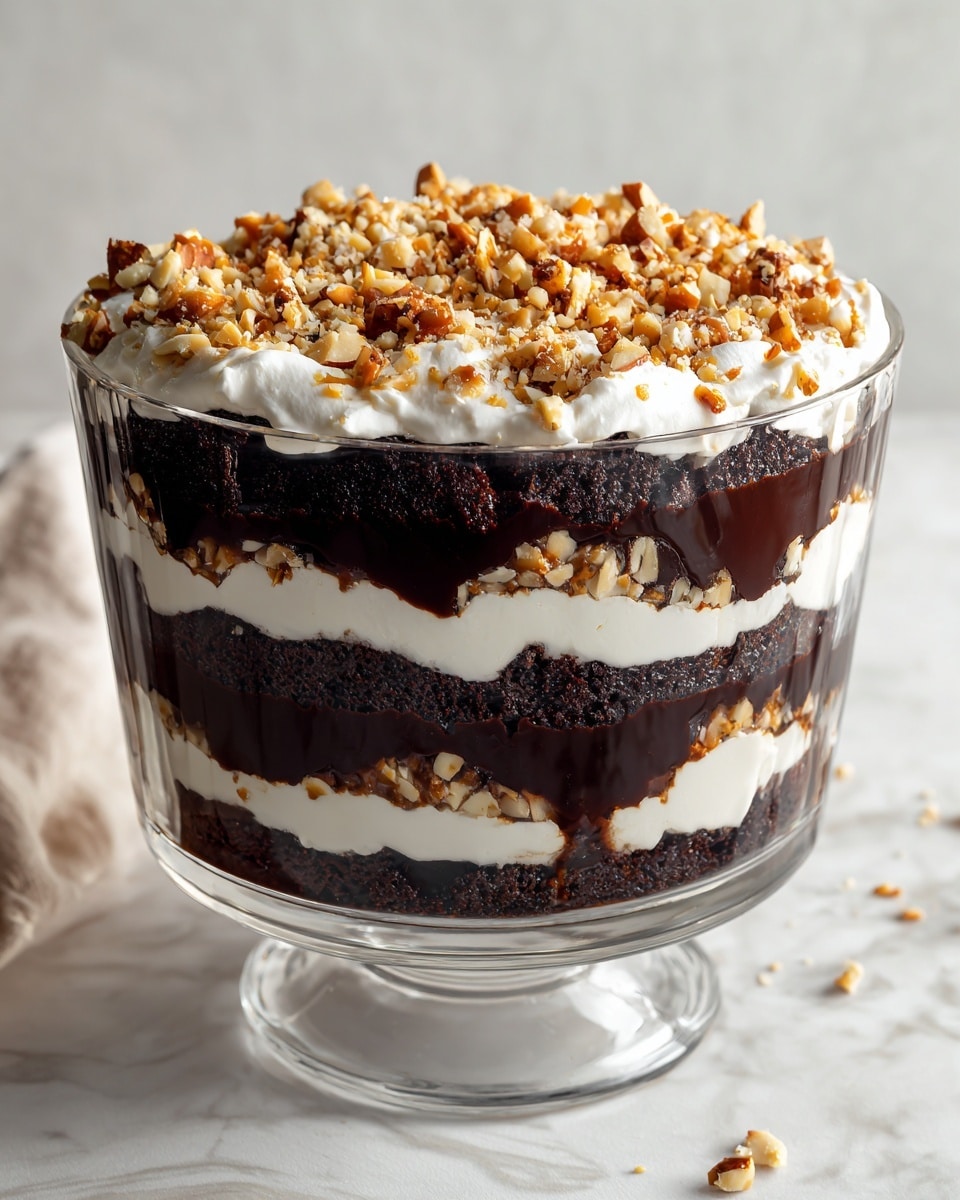 A clear glass bowl shows a layered dessert with three main dark brown layers that look like chocolate cake or pudding, each separated by thick white cream layers. The top has a rough texture of crushed nuts sprinkled over a final layer of white cream. The bowl sits on a white marbled surface, and the background is softly lit with light colors. photo taken with an iphone --ar 4:5 --v 7