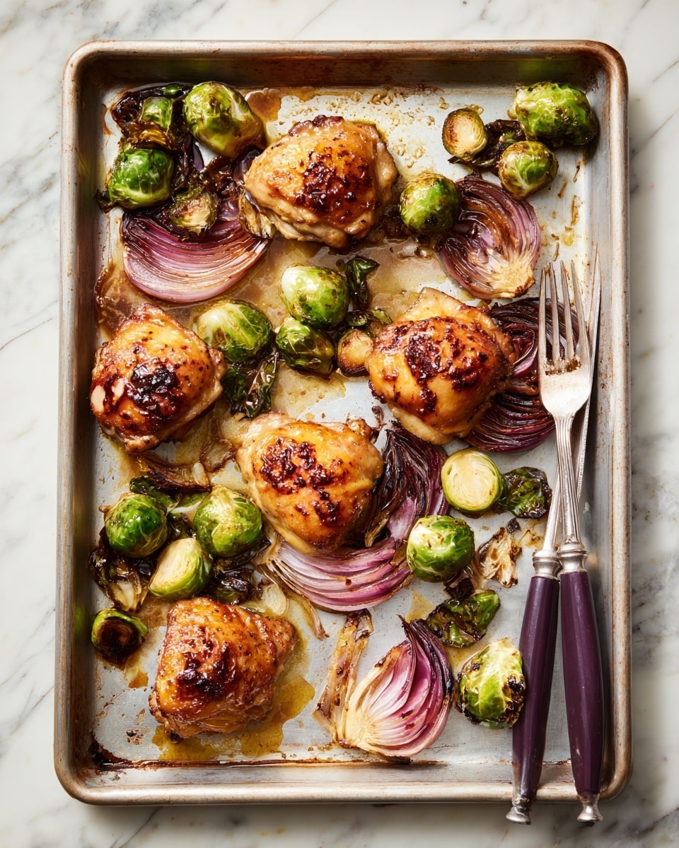 A metal baking tray holds six shiny golden-brown cooked chicken pieces placed unevenly across it. Surrounding the chicken are many small, green roasted Brussels sprouts, some whole and some cut in half showing a soft, light inside. Between the chicken and Brussels sprouts are thick slices of roasted red onion, its layers fanned out and caramelized with a deep purple and pale pink color. A silver fork with a dark purple handle rests near the chicken on the lower right side of the tray. The tray itself shows roasted food stains and juices. The background is a white marbled surface. photo taken with an iphone --ar 4:5 --v 7