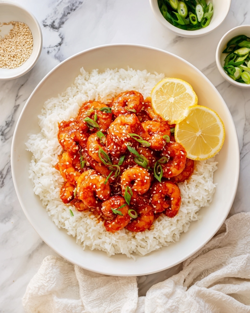 A white plate holds a layer of fluffy white rice spread in a circle. On top, there is a layer of bright red-orange shrimp covered in a thick sauce. Small green slices of scallion are scattered over the shrimp and rice, adding touches of green. Two thin lemon slices rest on the upper left side of the rice. The plate sits on a white marbled surface. Small white sesame seeds are sprinkled over the dish for texture. In the background, there are two small white bowls with green scallions and sesame seeds visible. A soft white cloth is at the lower right corner of the image. Photo taken with an iphone --ar 4:5 --v 7