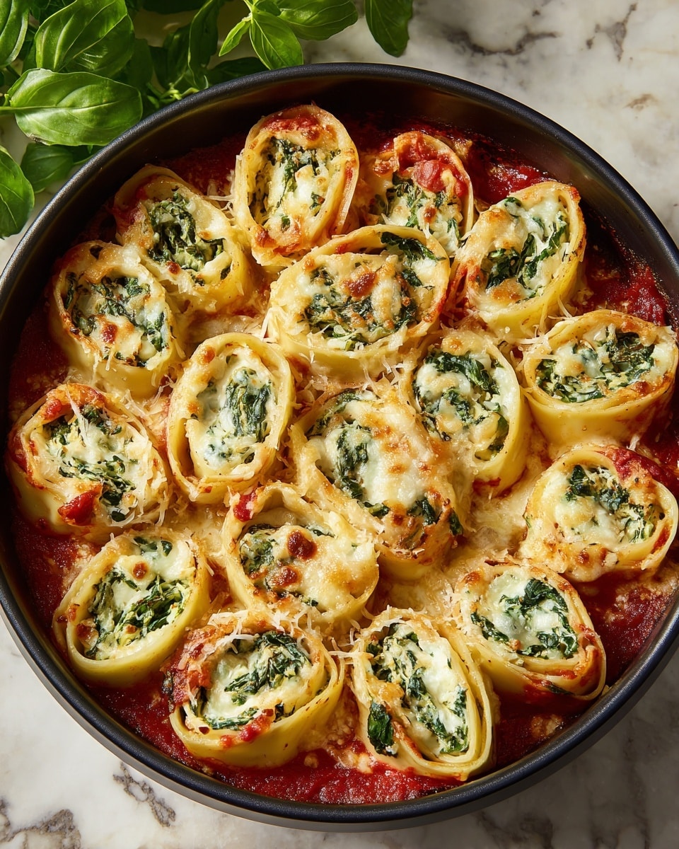 The dish shows a black round pan filled with rolled pasta pieces stuffed with a mix of spinach and cheese, arranged closely together. Each pasta roll is light beige with green spinach and white cheese filling visible. The top is covered unevenly with melted golden-brown cheese, some of which looks slightly crispy. Red tomato sauce peeks through between the pasta rolls, especially near the edges of the pan. The background has a white marbled surface with a glimpse of green leaves on the top left corner. photo taken with an iphone --ar 4:5 --v 7