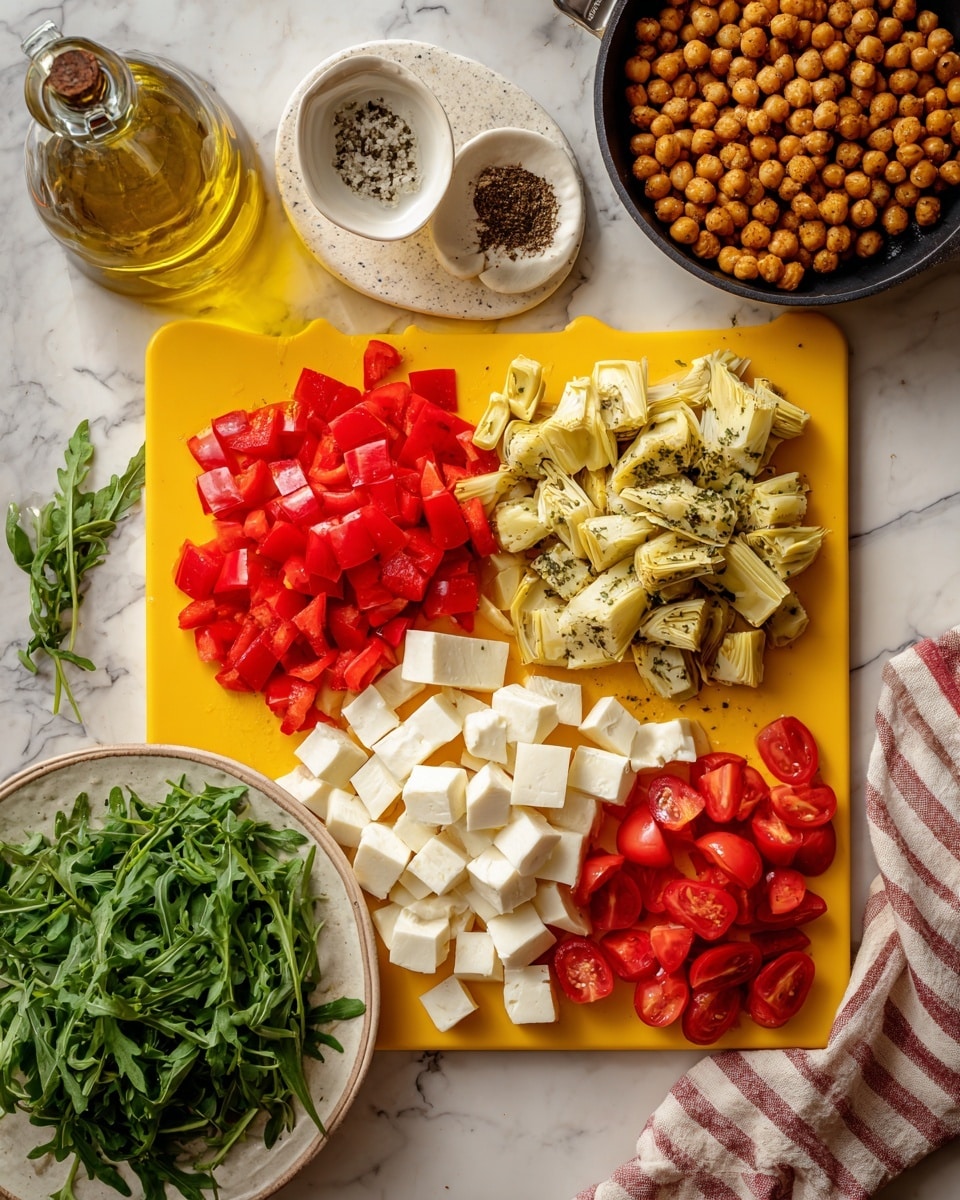 The image shows a bright yellow cutting board on a white marbled surface with four piles of ingredients arranged in a square: chopped red bell peppers in the top left, light yellow artichoke pieces with herbs in the top right, white cubed cheese in the bottom right, and sliced red tomatoes in the bottom left. Surrounding the cutting board, there are two white plates with green arugula leaves, a black pan filled with small roasted chickpeas, and a tilted transparent glass bottle of olive oil resting on the left edge. The photo is warm and well-lit, with textures from the vegetables, cheese, chickpeas, and the fabric towel underneath the cutting board clearly visible photo taken with an iphone --ar 4:5 --v 7