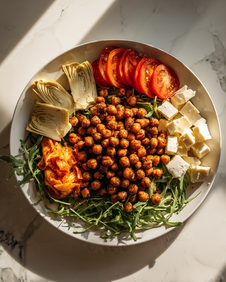 A white plate holds a colorful salad arranged in separate layers. The bottom layer is green arugula leaves spread evenly. On top, there is a large pile of roasted chickpeas in the center, golden brown with some darker spots. To the left, light beige artichoke slices are placed in a small pile. Above the chickpeas are some bright red tomato slices, shaped like rings. To the right of the tomatoes, small white cubes of soft cheese are set. Bright orange kimchi pieces are placed next to the tomatoes, creating a contrast with the greens. The dish is lit by warm sunlight, casting soft shadows, all on a white marbled surface. Photo taken with an iphone --ar 4:5 --v 7
