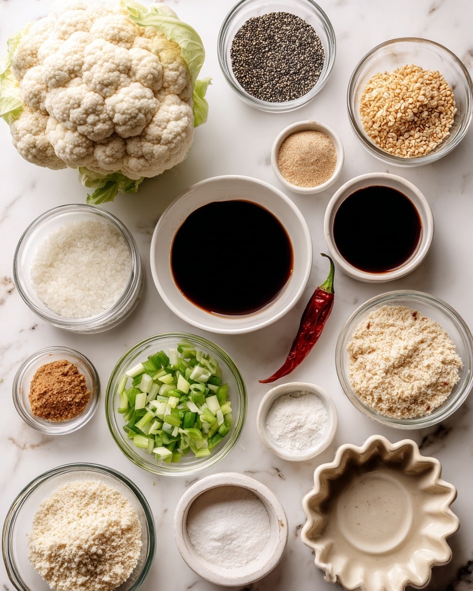 A flat lay of various cooking ingredients arranged neatly on a white marbled surface. In the upper left, a medium head of cauliflower shows its creamy, bumpy texture. To its right, a small white bowl holds dark brown hoisin sauce with a glossy surface, next to a whole red chili pepper. Surrounding these central items are small clear glass bowls and white dishes filled with light green chopped scallions, off-white unsweetened almond milk, finely ground sea salt and black pepper, pale beige garlic powder, crispy gluten-free breadcrumbs in a white bowl, toasted sesame seeds mixing white and black, golden sesame oil in a white scalloped bowl, light brown raw unrefined brown sugar, a mixture of minced garlic and grated ginger in a clear bowl, clear water in a small dish, dark glossy light soy sauce in a white bowl, white all-purpose gluten-free flour mix in a shallow tan bowl, and white cornstarch in a metallic flower-shaped mold, all spaced evenly and clearly visible. Photo taken with an iphone --ar 4:5 --v 7