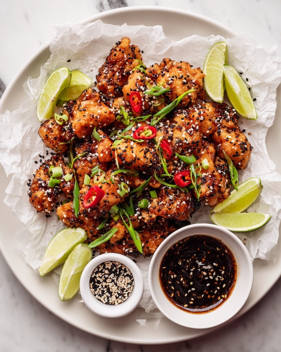 A white plate lined with crumpled white parchment paper holds a pile of golden-brown crispy bites, each coated with a shiny dark sauce and sprinkled with white and black sesame seeds, small slices of red chili, and chopped green onions scattered on top. Around the edges, wedge slices of bright green lime add a fresh color contrast. On the right side of the plate, a small round white bowl filled with a thick dark dipping sauce topped with sesame seeds rests partially on the parchment. On the bottom left, there is a smaller white bowl containing mixed black and white sesame seeds. The plate sits on a white marbled surface. photo taken with an iphone --ar 4:5 --v 7