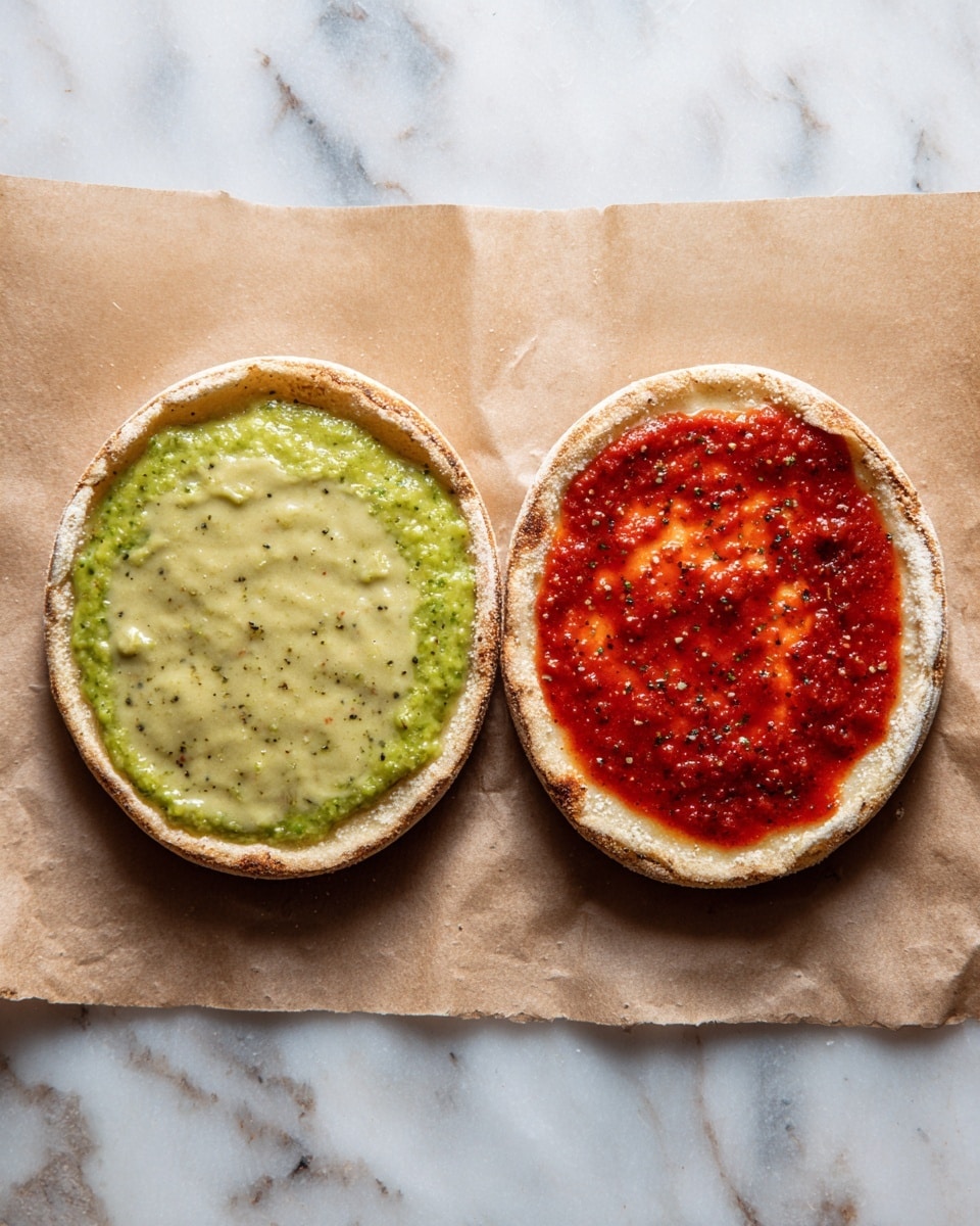 Two small round pizzas on a brown paper surface with a white marbled background. Each pizza has one layer of sauce spread evenly on top of the crust. The pizza on the left has a thick green sauce with a coarse texture, while the pizza on the right has a smooth red sauce with specks of herbs. Both crusts are golden brown with visible grains. The photo was taken with an iphone --ar 4:5 --v 7