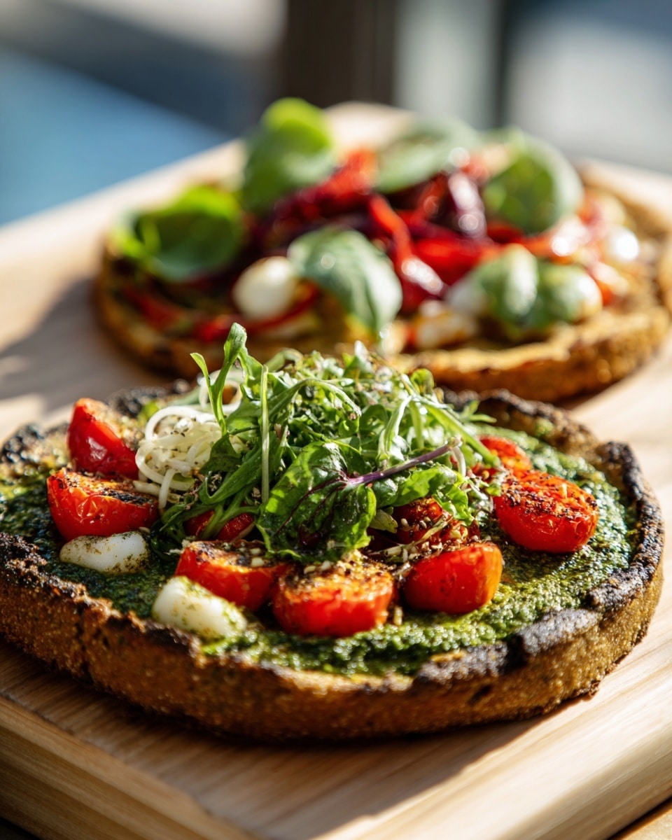 Two small pizzas sit on a light wood surface. The pizza in front has a thick, rough-textured crust with a green spread topping. On top of the spread are halved cherry tomatoes and whole small pieces of white vegetable, with a handful of leafy greens piled on top. The second pizza, slightly blurred in the back, shows a thicker crust with a green leaf, red strips, and a coil of white vegetable on top. The scene is bright and clear, focusing on the fresh, natural look of the ingredients photo taken with an iphone --ar 4:5 --v 7
