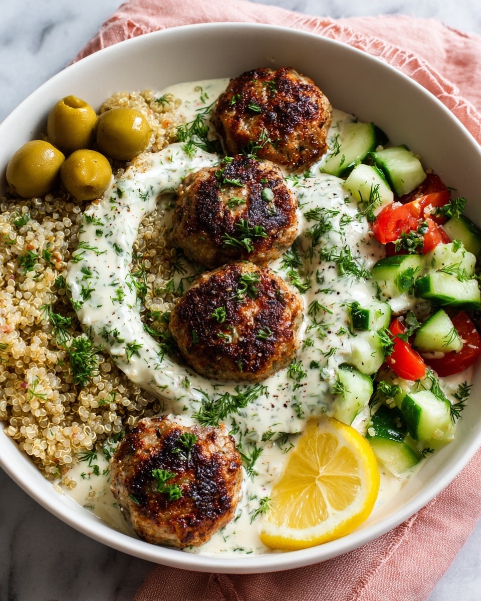 A white bowl on a pale pink cloth on a white marbled surface holds a colorful dish with six meatballs stacked in the center. Under the meatballs is a ring of creamy white sauce with herbs sprinkled on top. To the left of the meatballs is a heap of light tan quinoa, and around the front is a mix of chopped green cucumbers and red tomatoes with bits of herbs. At the top left of the meatballs sit four small bright green olives. At the bottom right edge of the bowl is a small wedge of lemon. Photo taken with an iphone --ar 4:5 --v 7