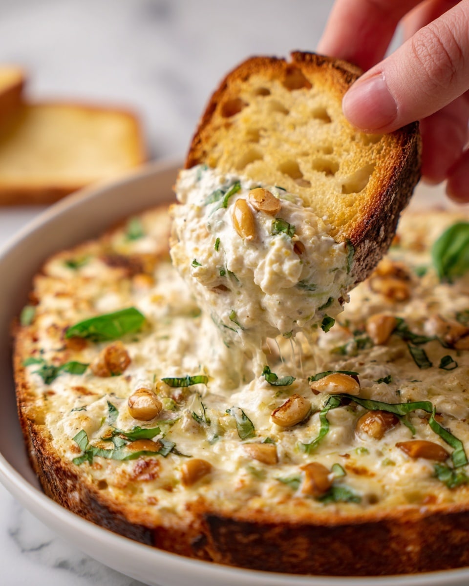 A close-up of a toasted slice of golden-brown bread held by a woman's hand, dipped into a creamy, white melted cheese dip. The dip has green basil leaves and small chunks of toasted nuts or seeds scattered on top. The bread texture looks crunchy with visible holes, and the cheese dip clings thickly to the bread's edge. In the background, the dip is served in a white bowl on a white marbled surface. Photo taken with an iphone --ar 4:5 --v 7