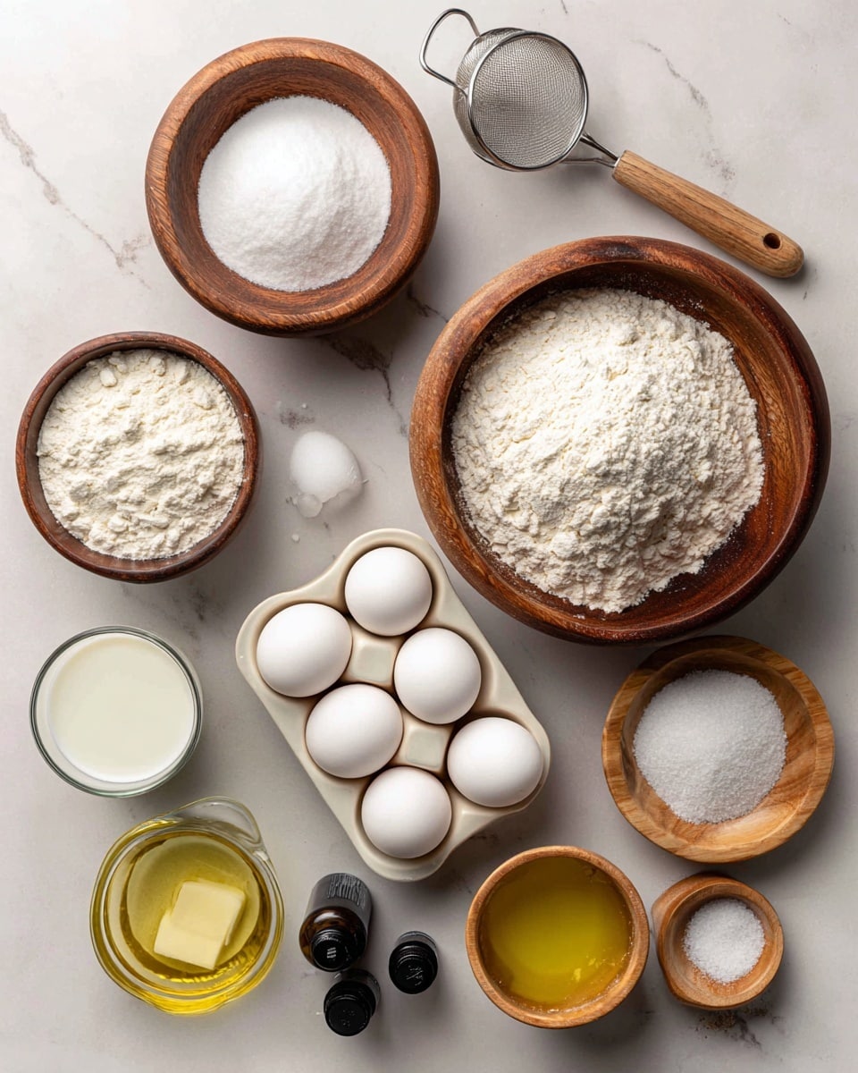 A flat lay image shows cooking ingredients on a white marbled surface with wooden bowls and clear glass containers. The top right has a wooden bowl filled with white flour with a metal scoop inside. Above it, a small wooden bowl contains white sugar. Below the flour bowl, there is another wooden bowl filled with powdered sugar and a small sieve resting on it. To the left, a clear glass cup holds white milk. In the bottom center, a white egg tray holds six white eggs neatly placed in two rows of three. On the right side, a glass container with yellow oil for frying sits beside two small dark bottles labeled as butter and vanilla extracts. A small round wooden bowl with white baking powder and a tiny bowl with salt and a wooden measuring spoon are also visible near the bottom. photo taken with an iphone --ar 4:5 --v 7