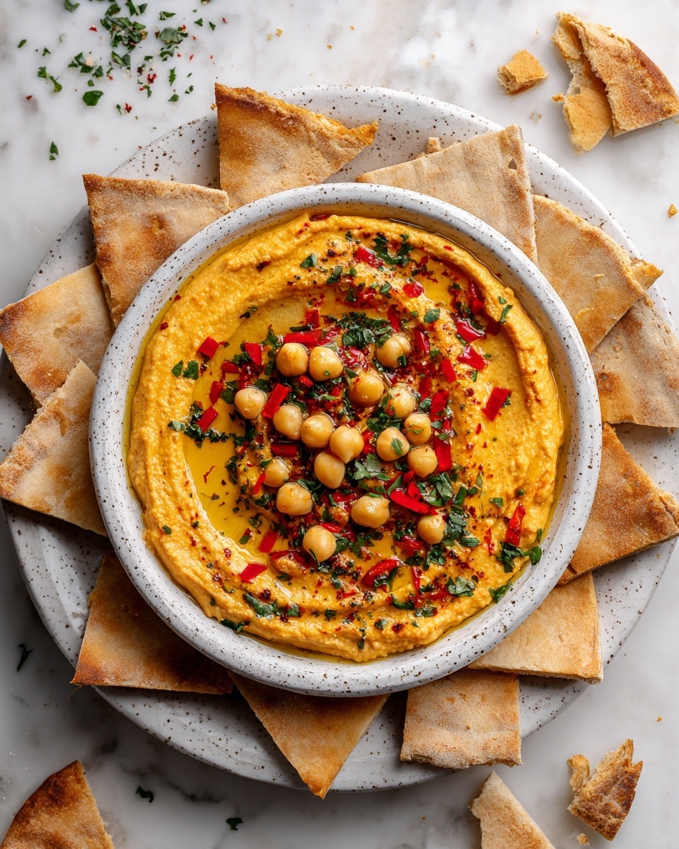 A bowl of creamy orange hummus topped with whole chickpeas, thin bright red pepper strips, chopped green herbs, and a drizzle of golden olive oil sits in the middle of a large white speckled plate. Around the bowl, there are about 15 pieces of light brown pita bread triangles arranged in a circular pattern. The whole scene is on a white marbled surface with some scattered bits of green herbs and a broken piece of pita bread nearby. Photo taken with an iphone --ar 4:5 --v 7