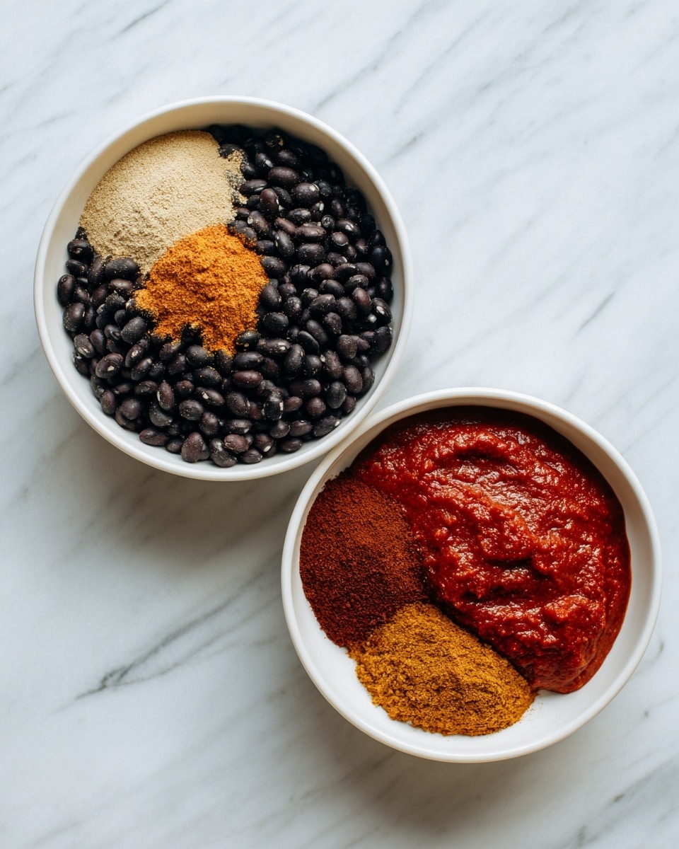 The image shows two white bowls placed side by side on a white marbled surface. The left bowl contains layers of ingredients including dark black beans forming a base spread across the bottom and sides, with three piles of spices on top: a light beige powder on the left, a golden-brown powder in the center, and a reddish-brown powder on the lower right part of the bowl. The right bowl also has a base of blackened beans covering the bottom and edges, topped with a thick, chunky red sauce spread unevenly over the center, leaving some beans visible around the edges. photo taken with an iphone --ar 4:5 --v 7