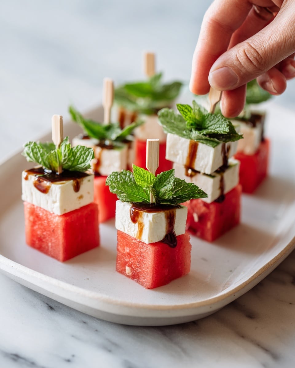 Easy Watermelon Feta Skewers with Fresh Mint and Balsamic Glaze Recipe