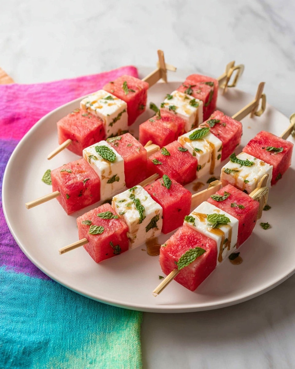 The image shows many small skewers arranged on a large white plate with a smooth texture. Each skewer has three layers: two red watermelon cubes at the top and bottom, with a white cube of cheese in the middle. Between the cheese and watermelons, there are small green mint leaves, and some cheese pieces are drizzled with a thin layer of brown sauce. The skewers are wooden with a simple knot design at one end. A colorful pastel cloth with blue, green, pink, and purple shades lies next to the plate on a white marbled surface. Photo taken with an iphone --ar 4:5 --v 7