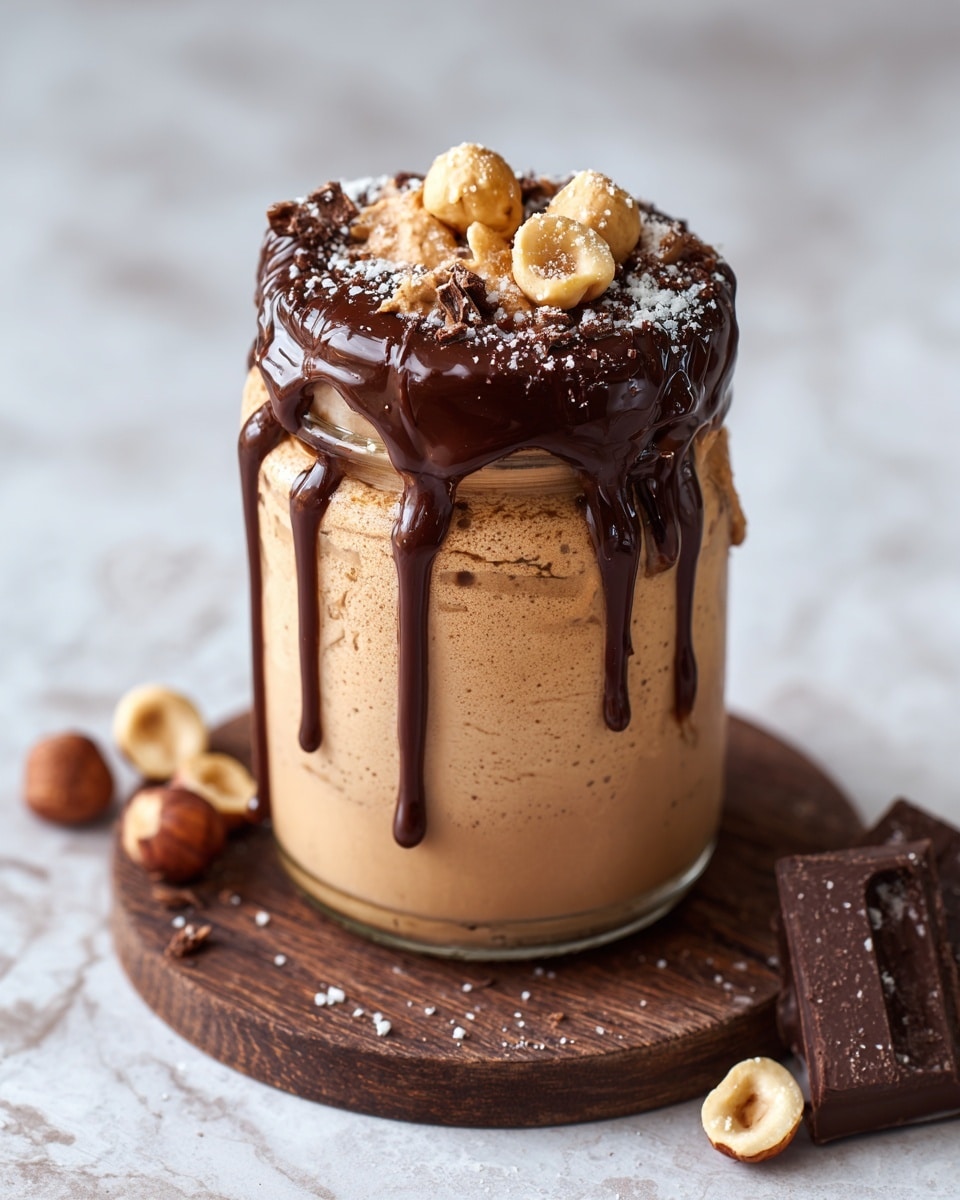 A clear glass jar filled with a smooth light brown mixture sits on a dark wooden round board, placed on a white marbled surface. The jar is topped with a thick layer of the same brown mixture that overflows the rim, dripping down the sides. This top layer is drizzled with dark chocolate sauce, which also drips attractively down the jar. Three golden-brown hazelnuts are placed on top, along with a light sprinkle of white powder, adding texture and contrast. A small piece of dark chocolate and a few hazelnuts are scattered on the white marbled surface nearby. Photo taken with an iphone --ar 4:5 --v 7