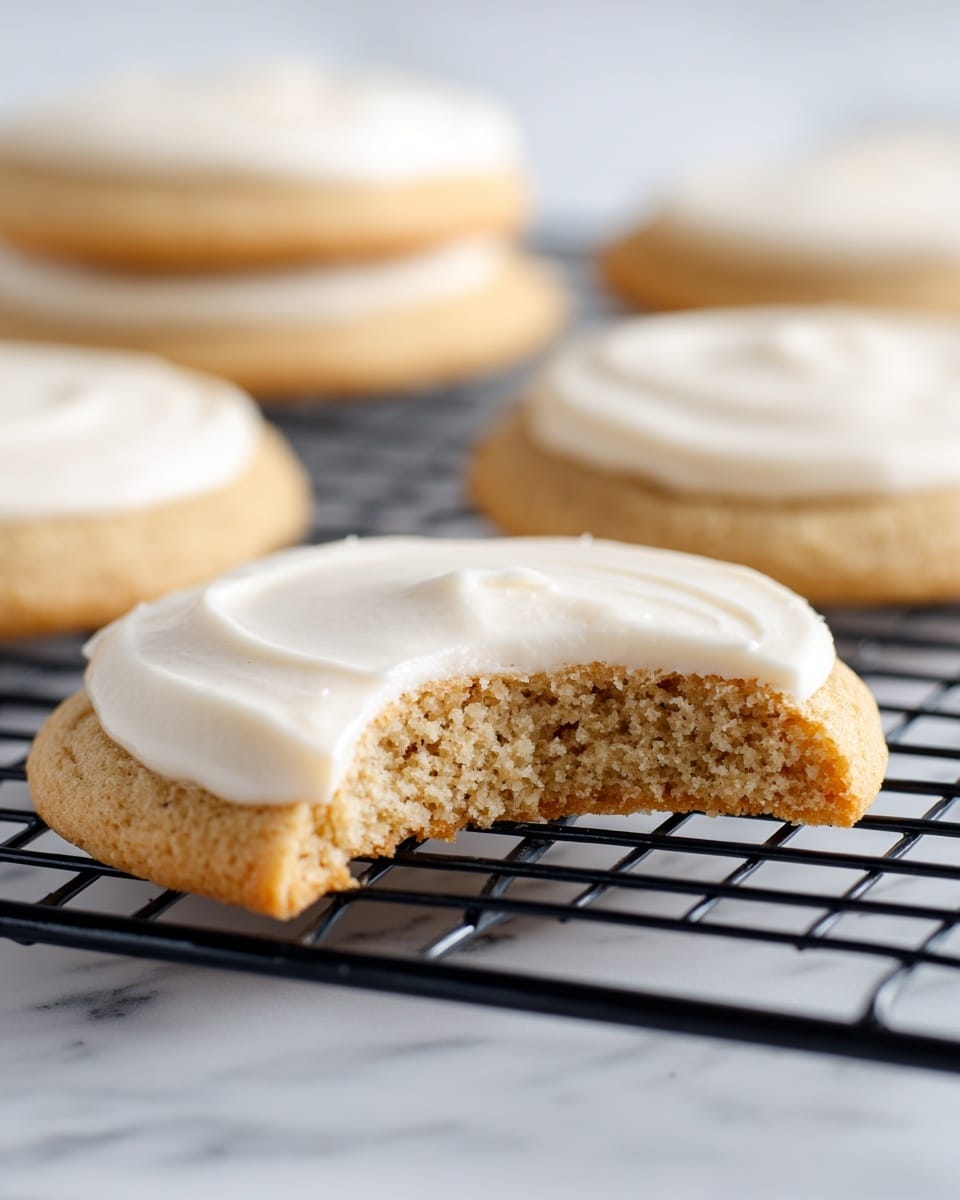 A soft light brown cookie with a thick layer of creamy white frosting on top sits in the front, showing a bite taken out of it that reveals a moist and fluffy inside texture. Behind it, several similar cookies with the same frosting are placed on a black wire cooling rack. The surface beneath the cookie is a white marbled texture, and the background is plain and softly lit, creating a clean and simple look. photo taken with an iphone --ar 4:5 --v 7