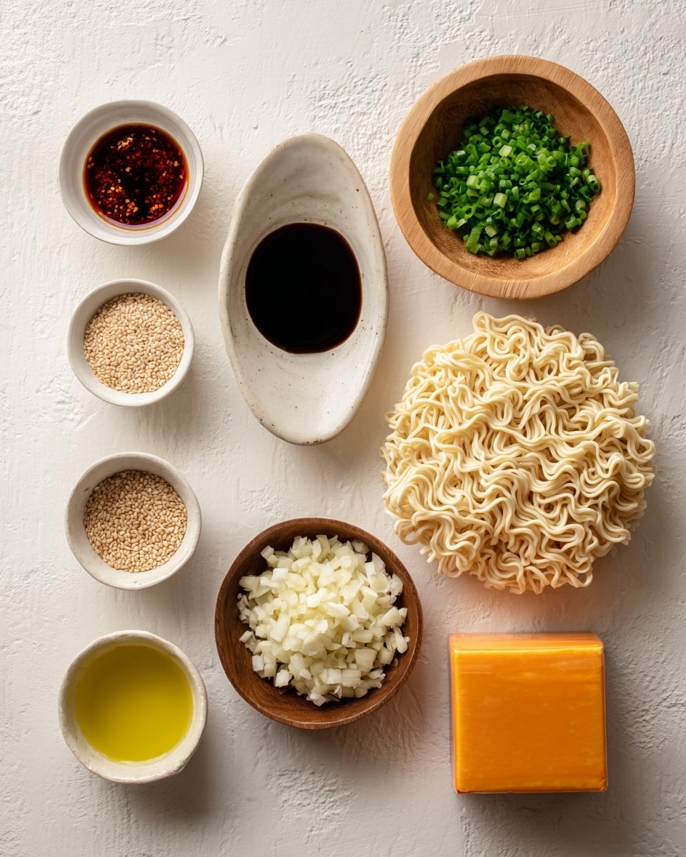 The image shows ingredients for ramen arranged neatly on a white marbled surface. There are two round packs of uncooked ramen noodles with a pale, wavy texture placed on the right side. Above them is a small wooden bowl with chopped green chives. Below the chives is another wooden bowl with minced white garlic. To the left are small white dishes grouped in two columns: top left contains dark red chili oil with some oil flecks, beneath that is a white ramekin holding pale sesame seeds, then a dish with dark soy sauce, and next to it a dish with yellow olive oil. At the bottom near the center is an orange carton of chicken stock . Photo taken with an iphone --ar 4:5 --v 7