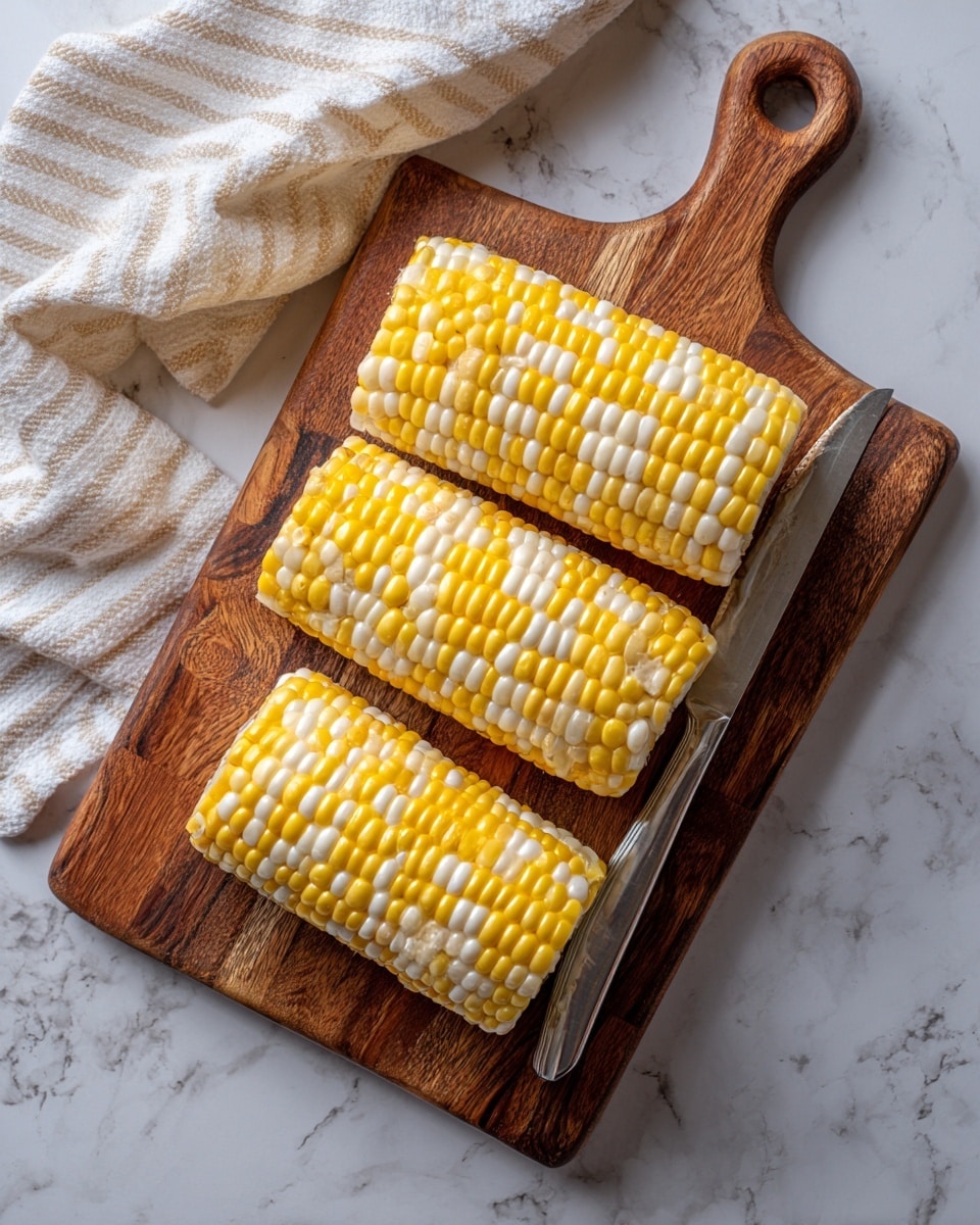 The image shows four corn cobs cut into smaller sections placed on a wooden cutting board. The corn kernels are a mix of pale yellow and white, with each cob displaying both colors in rows. The cutting board has a rich brown grain texture and a rounded handle. To the upper left corner, a white and beige striped cloth is partially visible on a white marbled surface. A silver knife rests on the right side of the board, its blade pointing away. The light is soft, highlighting the texture of the corn and the wood grain. photo taken with an iphone --ar 4:5 --v 7