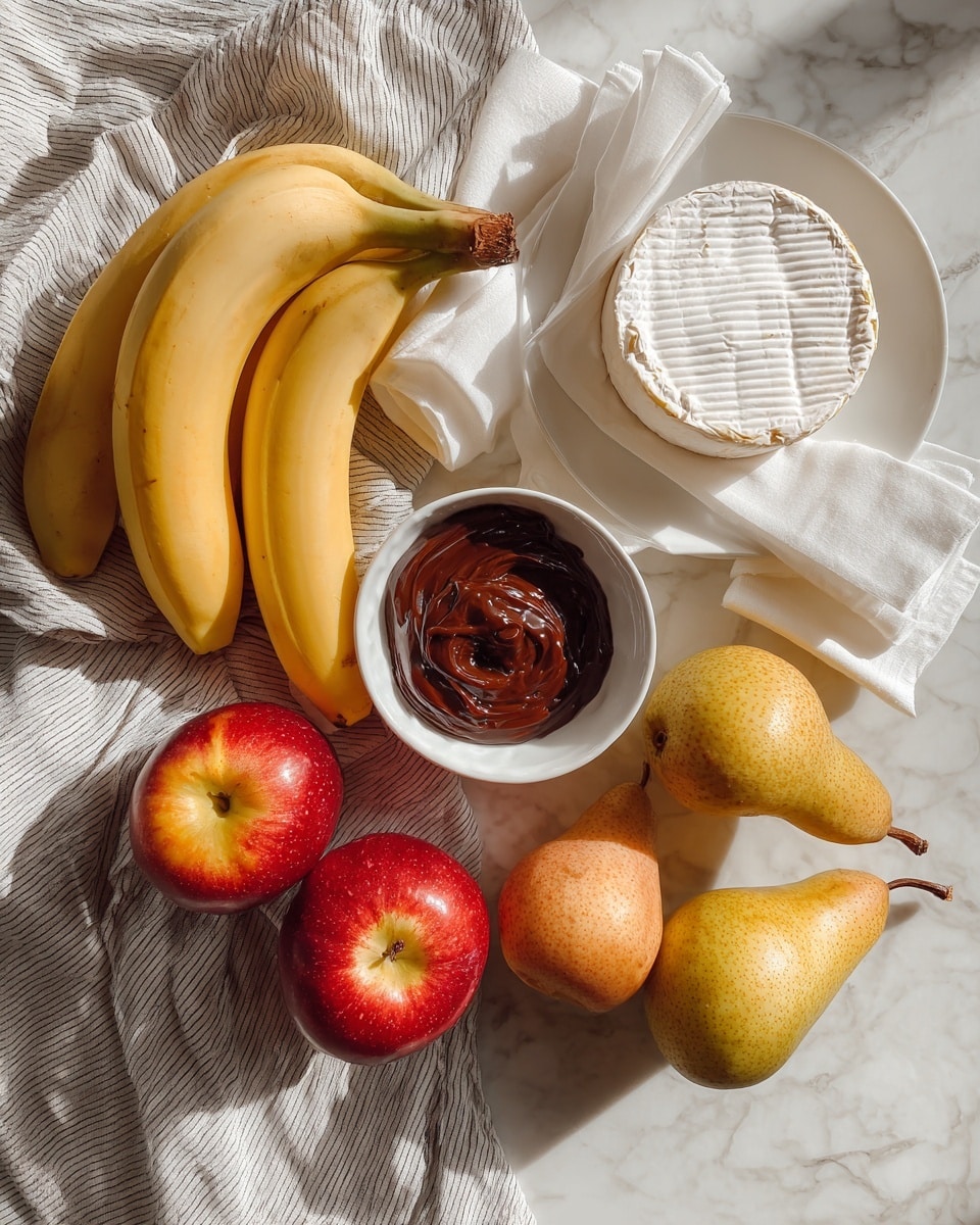 The image shows a white marbled surface with a group of fresh fruits and food items arranged on it. On the left, there is a bunch of two yellow bananas resting on a light gray and white striped cloth next to two red apples with smooth skin. Above the bananas, there is a small white bowl filled with thick chocolate spread. In the center is a white bowl filled with dark amber-colored honey. On the right side, two pears, one yellow and one light brown, are placed near a white plate holding a round cheese wrapped in white paper. Above the pears and cheese, there are folded white cloth napkins. The overall scene has soft natural light and an organized, simple look photo taken with an iphone --ar 4:5 --v 7