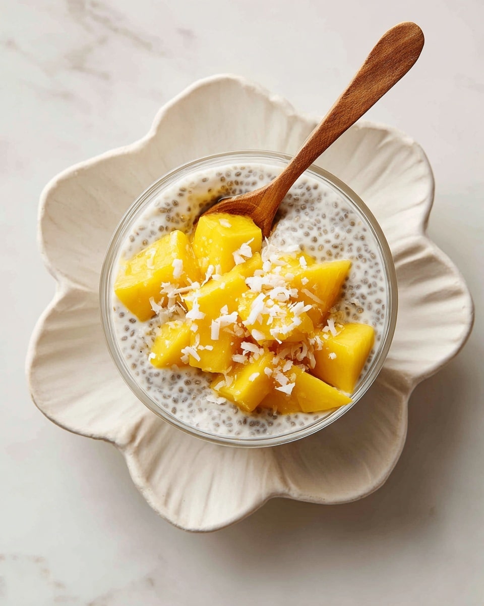 A clear glass bowl sits in the middle of a white flower-shaped plate, which is placed on a white marbled surface. Inside the bowl, there are two visible layers: the bottom layer is a creamy white chia pudding with black chia seeds giving it a speckled texture, and on top, there are bright yellow mango chunks sprinkled with small white coconut flakes. A wooden spoon rests inside the bowl, scooping up some of the mango and chia pudding. Photo taken with an iphone --ar 4:5 --v 7