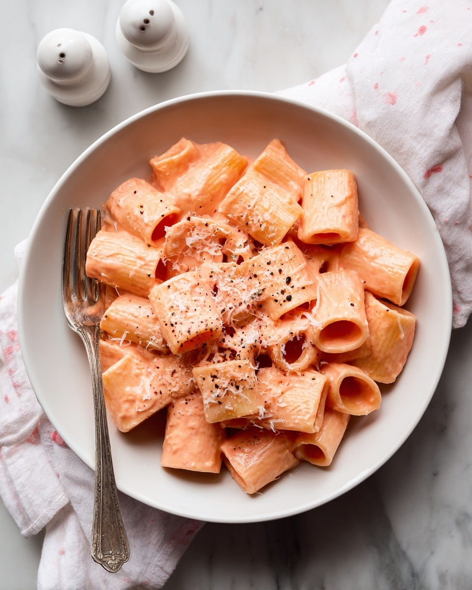 A white bowl sits on a white marbled surface filled with large tubular pasta pieces coated in a creamy pink sauce. The pasta pieces are piled in the bowl, showing hollow centers, with some lying flat and others standing upright. The sauce smoothly coats each pasta piece, and the top has a sprinkle of finely grated cheese and a dash of black pepper. A silver fork rests on the left side inside the bowl. Nearby, there are white salt and pepper shakers and a white cloth with pink specks. photo taken with an iphone --ar 4:5 --v 7