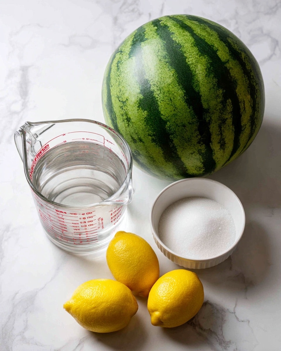 The image shows four main ingredients placed on a white marbled surface: a large whole watermelon with deep green and lighter green stripes in the background, a clear glass measuring cup filled with water marked with red measurement lines, a clear white bowl filled with granulated sugar, and three bright yellow fresh lemons grouped together in the front right corner. The items are arranged in a simple and clean way with good lighting. photo taken with an iphone --ar 4:5 --v 7