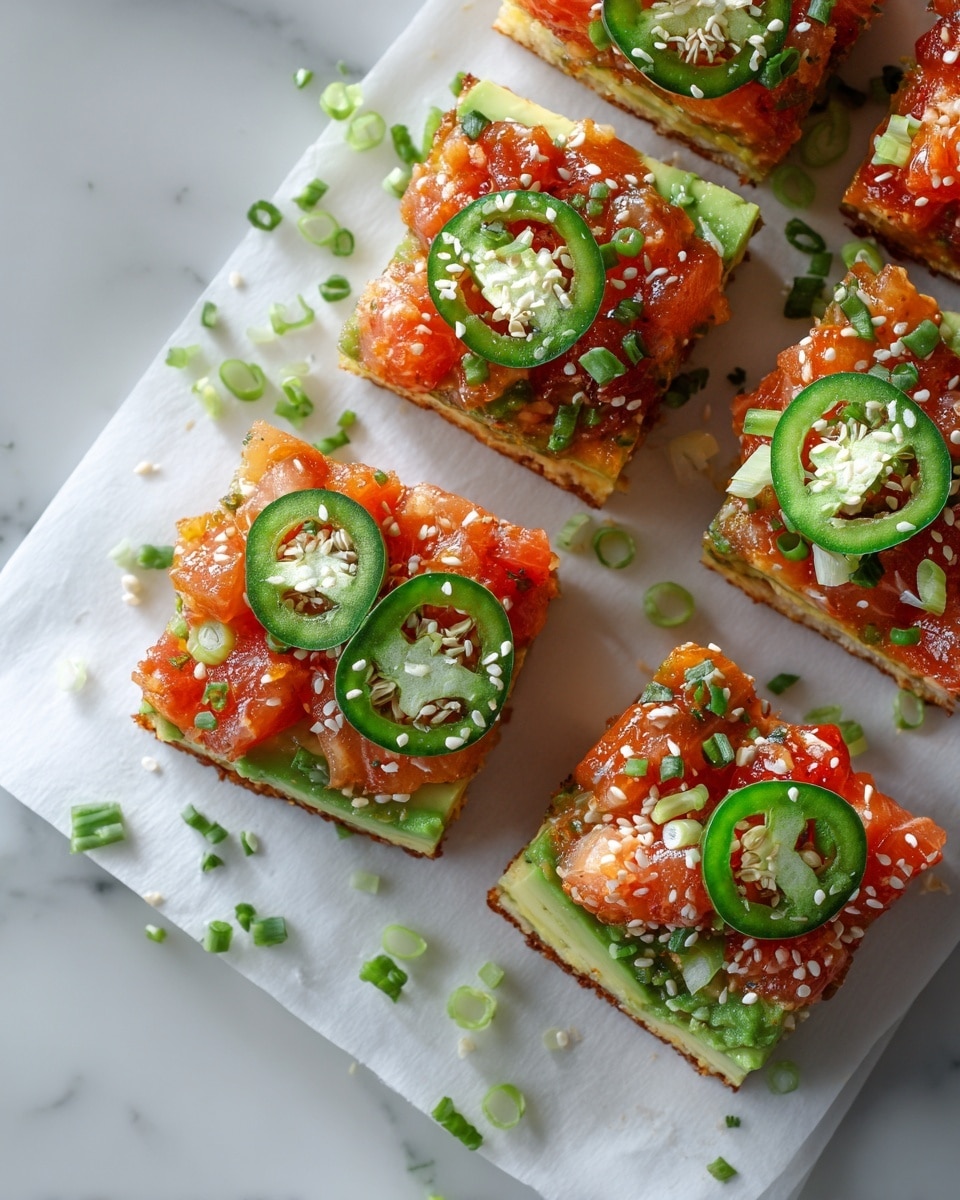 A crispy golden brown square base forms the first layer, topped with a thin green layer of sliced avocado. Above this is a chunky red layer of diced fish mixed with sauce, adding a fresh and moist texture. The dish is garnished with thin round slices of bright green jalapeño peppers and sprinkled with small white sesame seeds. Scattered finely chopped green onions surround the pieces on white paper over a white marbled surface. Photo taken with an iphone --ar 4:5 --v 7
