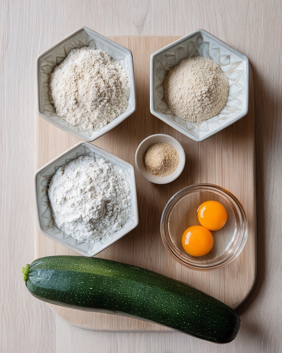 The image shows five ingredients arranged on a wooden board. In the center, there is a long, dark green zucchini with a slightly bumpy texture. Above the zucchini, there are two white bowls with a hexagon pattern holding two types of flour or breadcrumbs in off-white and light beige colors, with the lighter one on the left side and the darker one on the right. Below the zucchini on the left is another white bowl with the same hexagon pattern filled with white flour. To the right of this bowl, there is a clear glass bowl containing two raw egg yolks with bright orange centers. Above the bowl of flour, there is a small clear bowl with a light brown powder. The background is a light wooden texture photo taken with an iphone --ar 4:5 --v 7