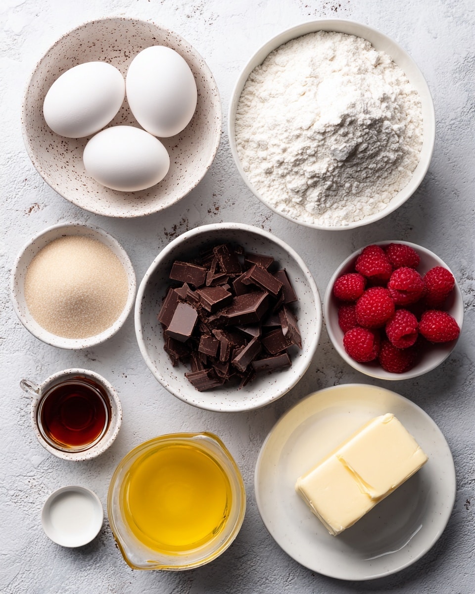 The image shows an overhead view of baking ingredients arranged neatly on a white marbled surface. There is a white bowl full of white flour at the top right and a white bowl with coarse chopped dark chocolate below it. To the left of the chocolate are two white eggs sitting inside a small speckled bowl. Next to the eggs is a larger white bowl filled with light brown sugar. A small white plate contains a white powder, likely baking powder or soda, close to the flour. To the right of the eggs, a small speckled bowl holds fresh red raspberries. Below all these is a clear measuring cup filled with melted yellow butter. A tiny white bowl with a white powder and a small white dish with vanilla extract sit on the left side. The wood grain texture is replaced with a white marbled texture. photo taken with an iphone --ar 4:5 --v 7