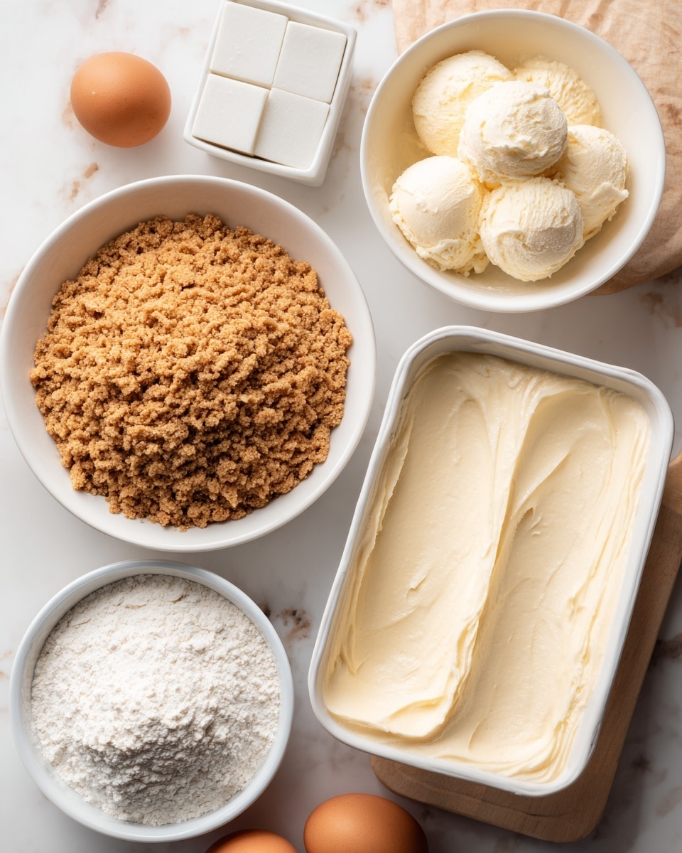 The image shows four white bowls and a woman's hand near a wooden surface. One white bowl contains a light brown cereal with a rough texture, labeled as cinnamon toast crunch cereal, positioned on the left side of the image. Next to it, on the right, is a large white container filled with smooth, creamy vanilla ice cream, pale yellow in color. Below these, a smaller white bowl holds fine, white flour with a powdery texture, located near the bottom left. To the right of the flour are three brown eggs and a small white cube-shaped container filled with clear egg whites, placed in an organized way. The background is a white marbled texture. Photo taken with an iphone --ar 4:5 --v 7