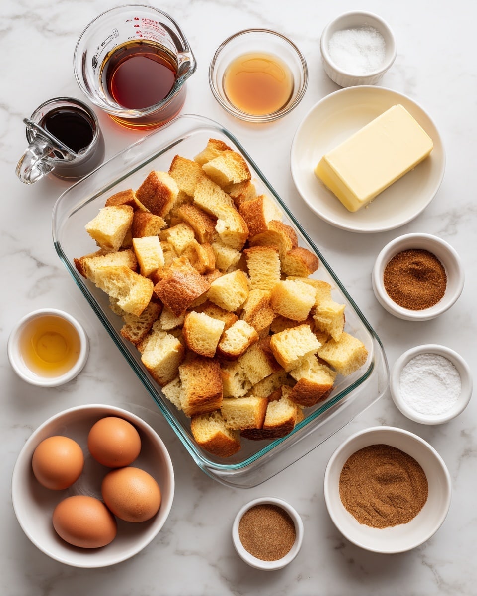 A clear glass baking dish filled with roughly cubed bread pieces in shades of light yellow and golden brown is placed on a white marbled texture surface. Surrounding it are small white bowls and a clear glass measuring cup holding various ingredients: a small pile of white salt, dark amber maple syrup, a pale yellow stick of butter in a round glass bowl, and dark brown vanilla extract in a small bowl. A larger white bowl holds several brown eggs. There are also two smaller white bowls, one with brown sugar and the other with cinnamon powder in a reddish-brown color. The whole setup is neatly arranged on the white marbled texture. photo taken with an iphone --ar 4:5 --v 7